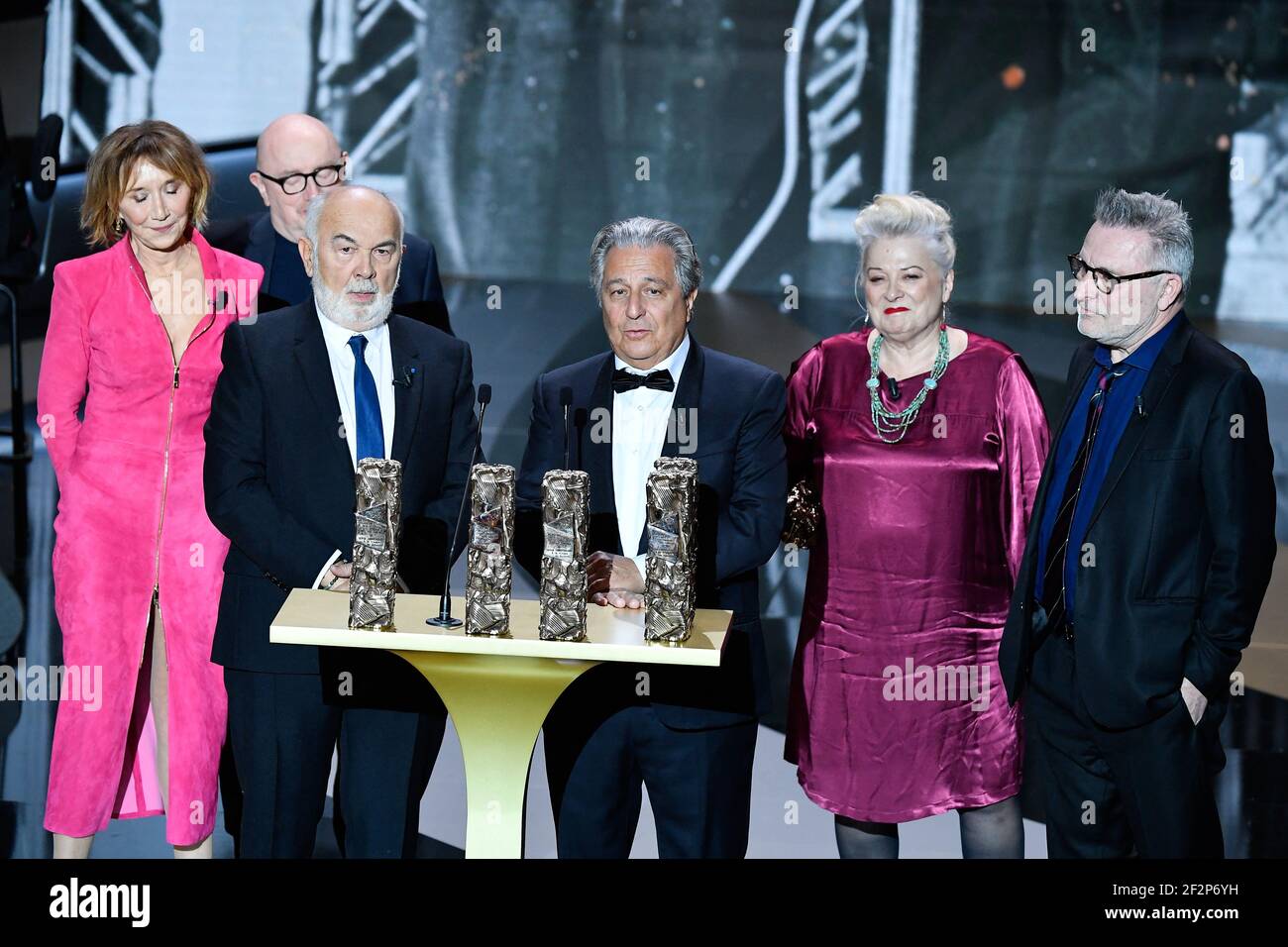 Christian Clavier, Michel Blanc, Josiane Balasko, Thierry Lhermitte,  Marie-Anne Chazel, Gerard Jugnot and Bruno Moynot during the 46th edition  of the Cesar Film Awards ceremony at the Olympia in Paris, France on