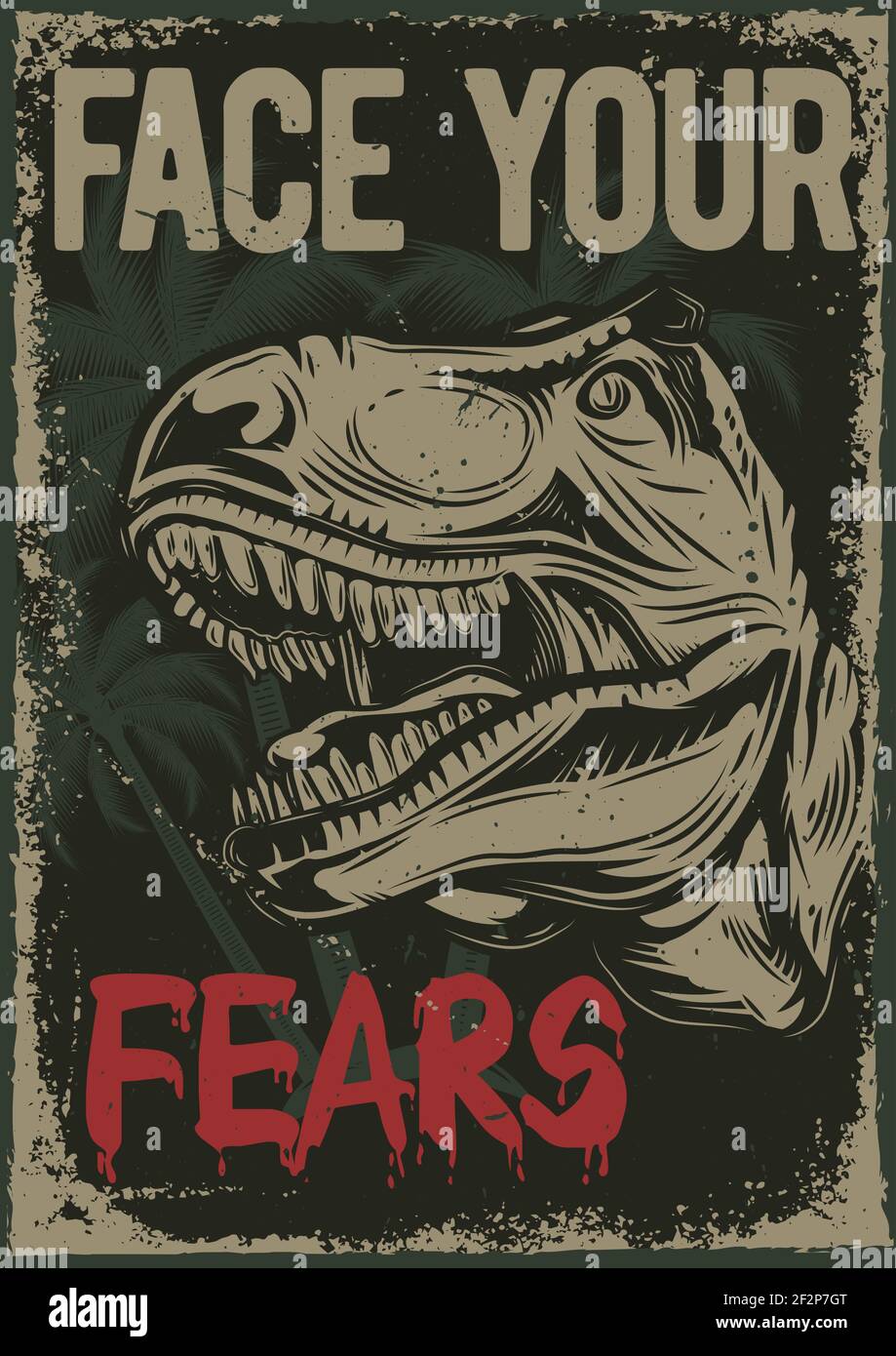 Poster design with illustration of a dino's head on vintage background. Stock Vector