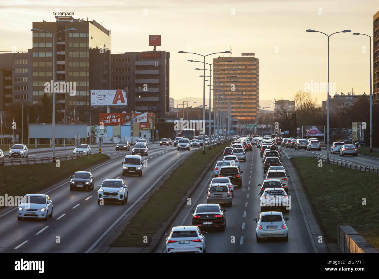 Rush hour on Slavonska Avenue in a westerly direction. Slavonska Avenue connects with Zagrebačka Avenue and it is the main Avenue that connects the Ea Stock Photo