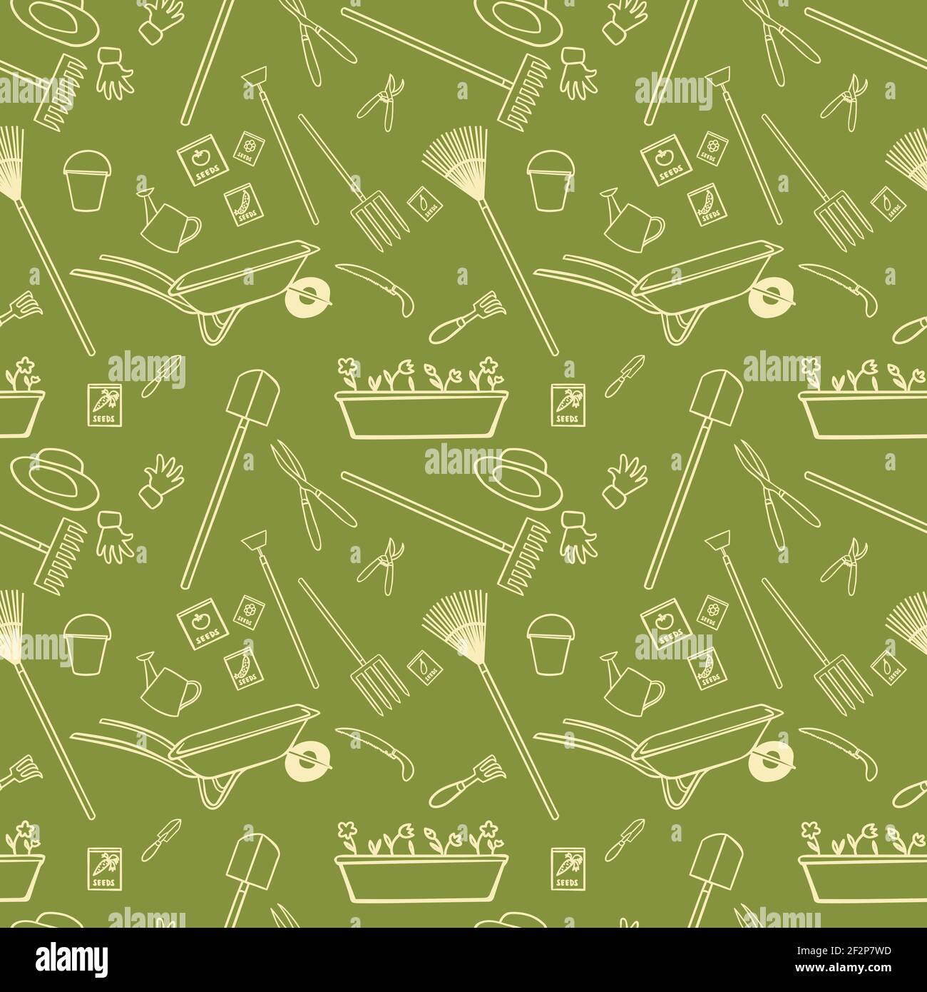 Decorative garden tools seamless wallpaper white on green pattern