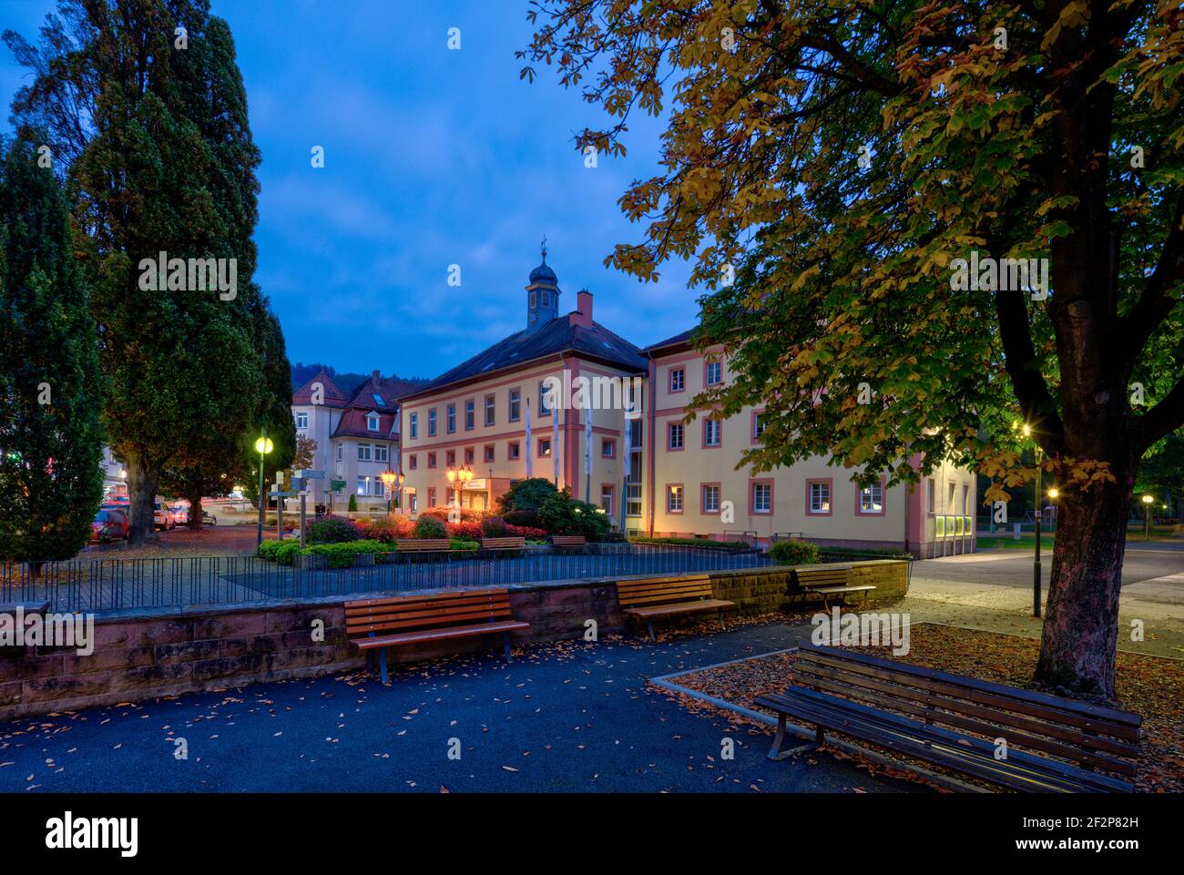 Salinenplatz, spa administration, tourist office, park, green area, Bad Orb, Main-Kinzig-Kreis, Hessen, Germany, Europe Stock Photo