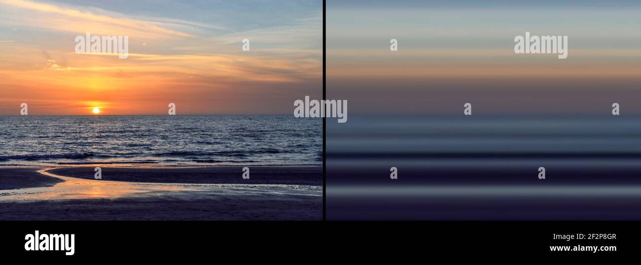 Sunset at the ocean as a diptych in fine art Stock Photo