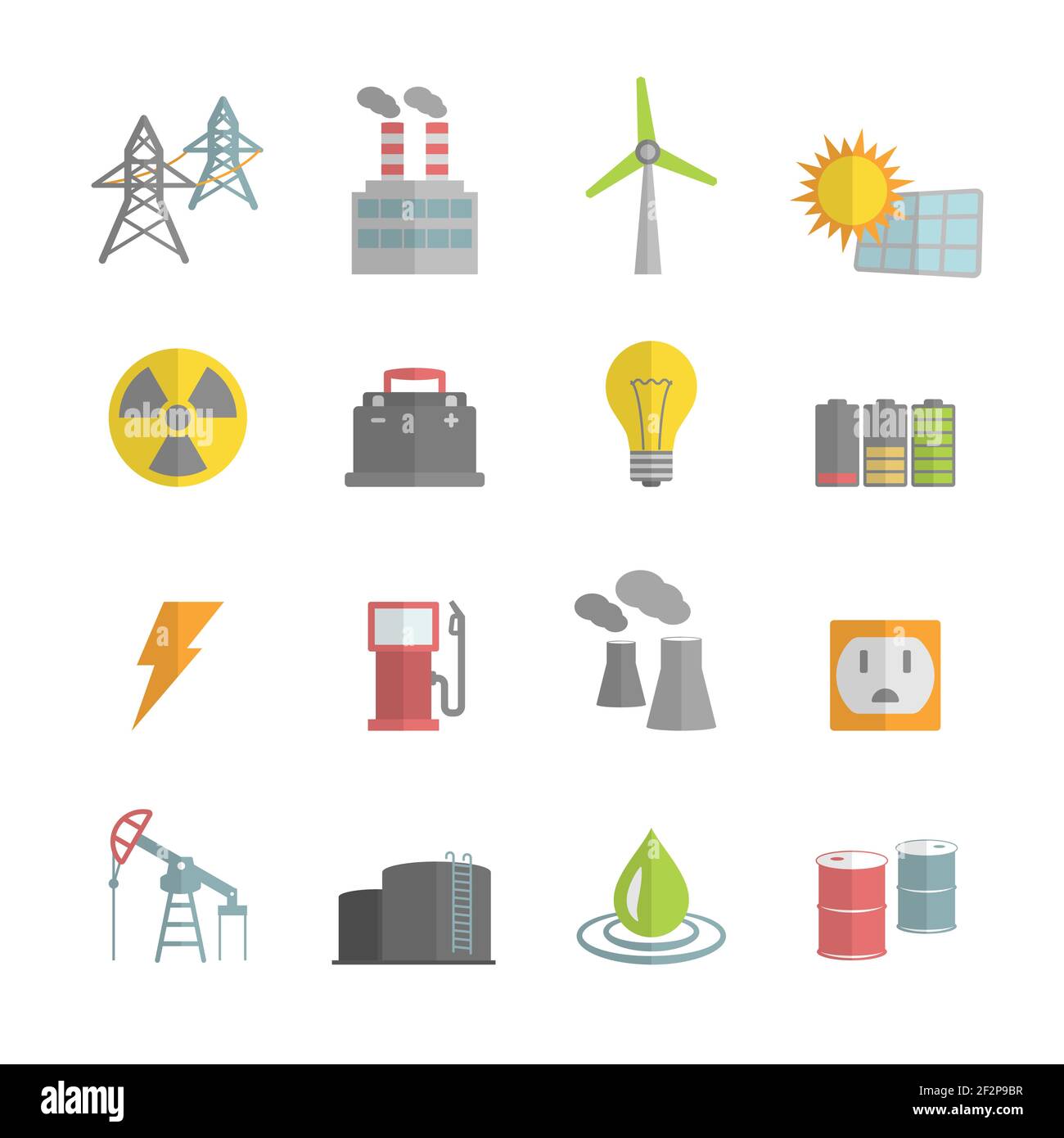 Energy power flat icons set of solar panels wind turbine and nuclear plant isolated vector illustration Stock Vector