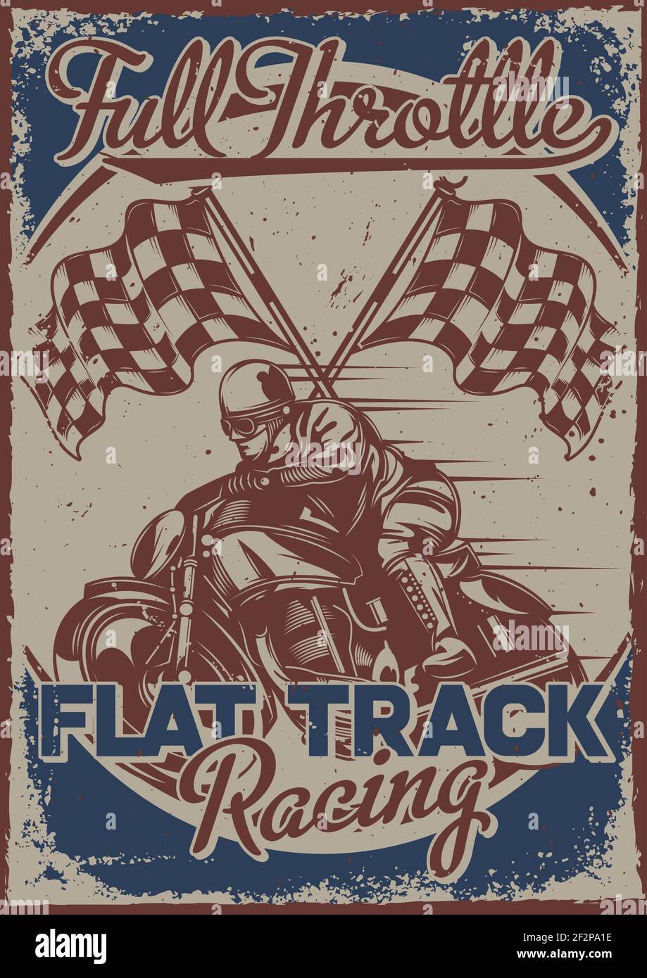 Poster design with illustration of a racer with flags on vintage background. Stock Vector