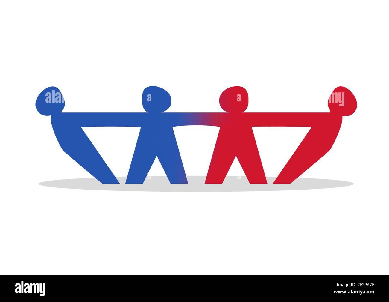 Four blue and red left and right conservative and liberal political extremist partisan people in a line of 4 pulling against each other Stock Photo