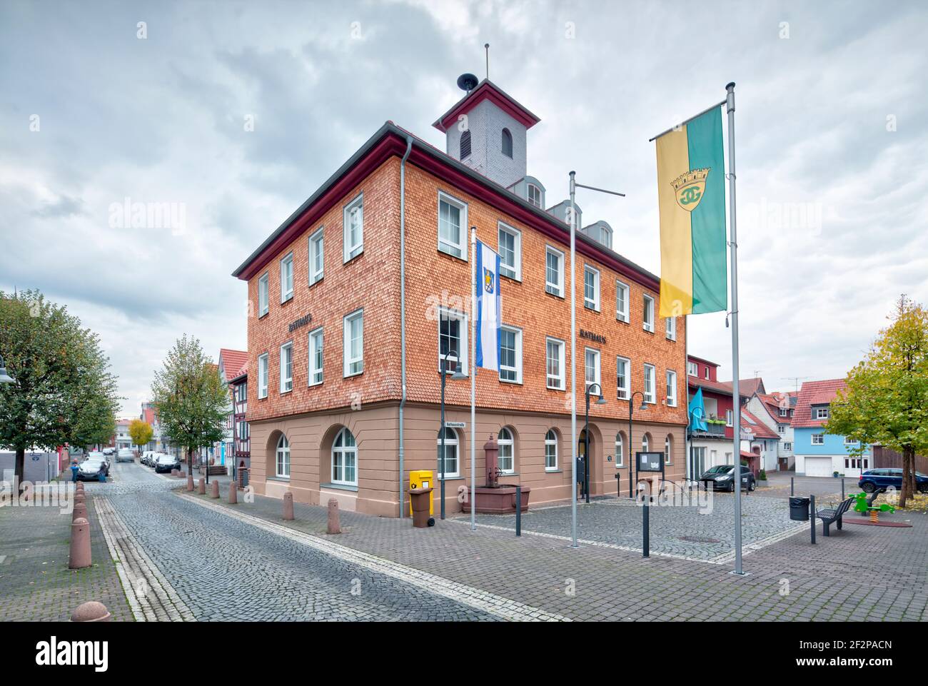 Town hall, house facade, wooden shingles, halftimbered, house view