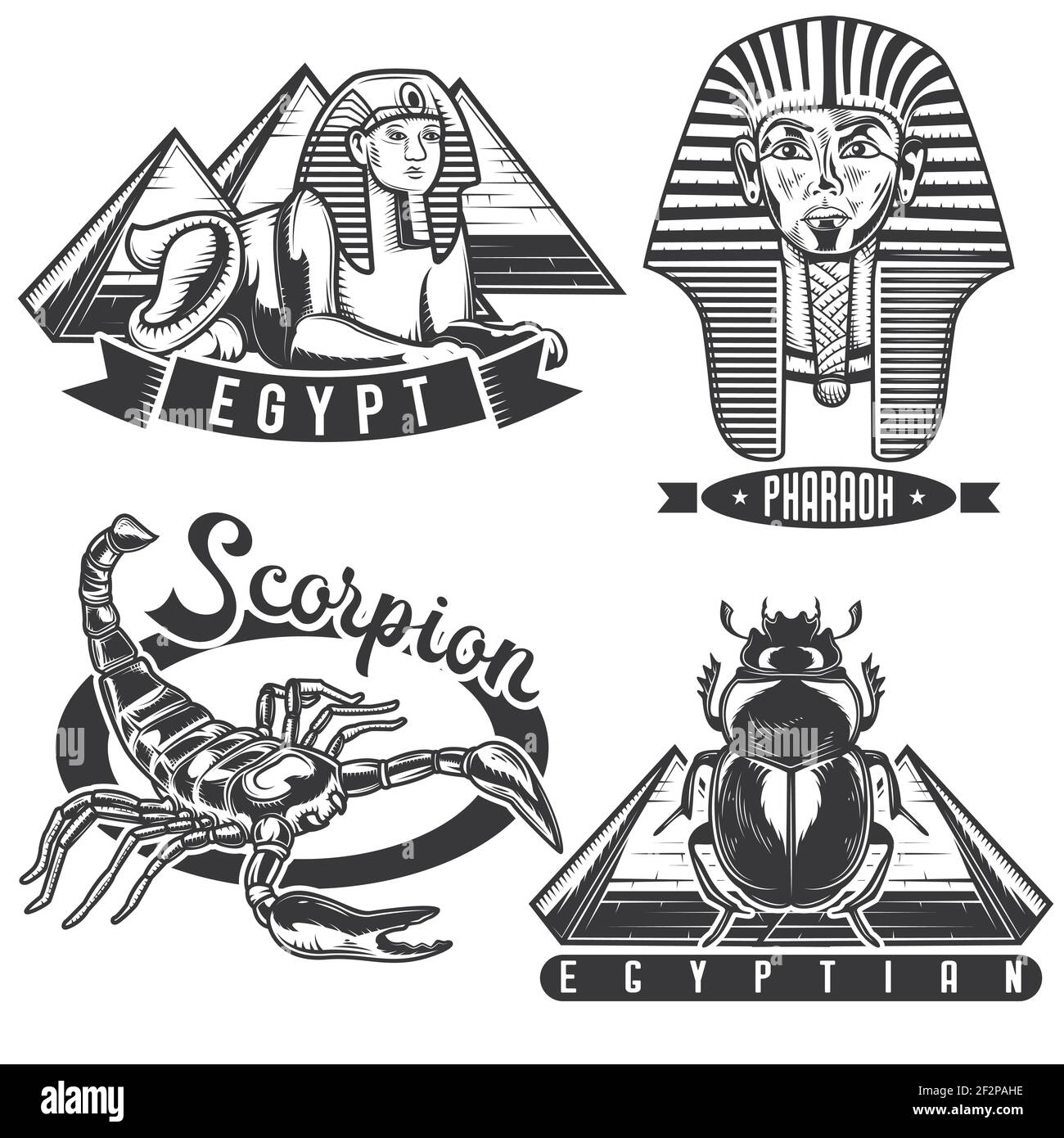 Set of vintage egyptian emblems, labels, badges, logos. Isolated on white. Stock Vector