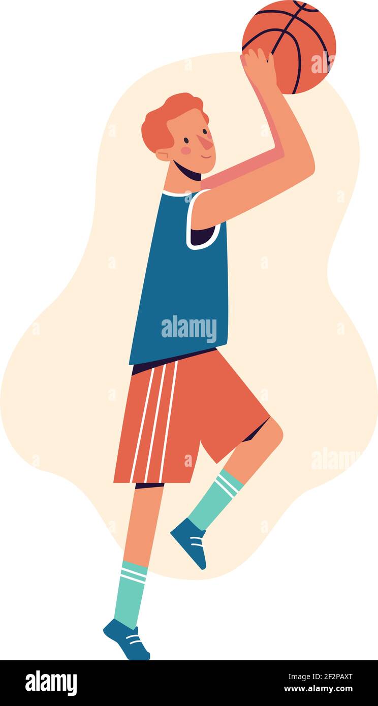 Flat design concept with sportsman playing basketball. A man throws a