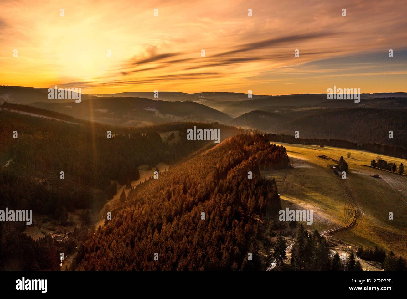 Germany, Thringen, town of Schwarzatal, Meuselbach-Schwarzmhle, landscape, forest, mountains, evening light, overview Stock Photo