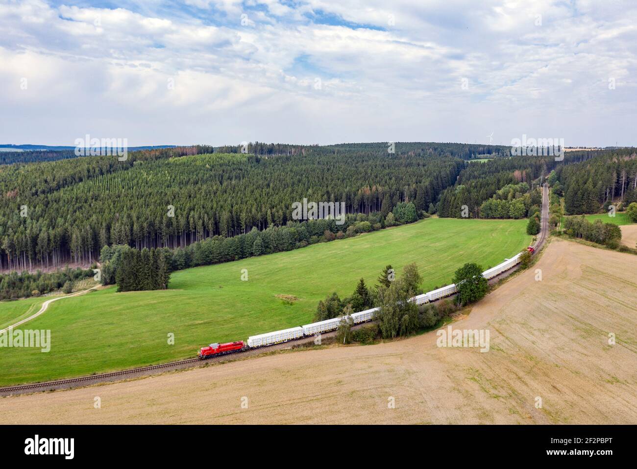 Freight train, fields, forest, branch line, landscape Stock Photo