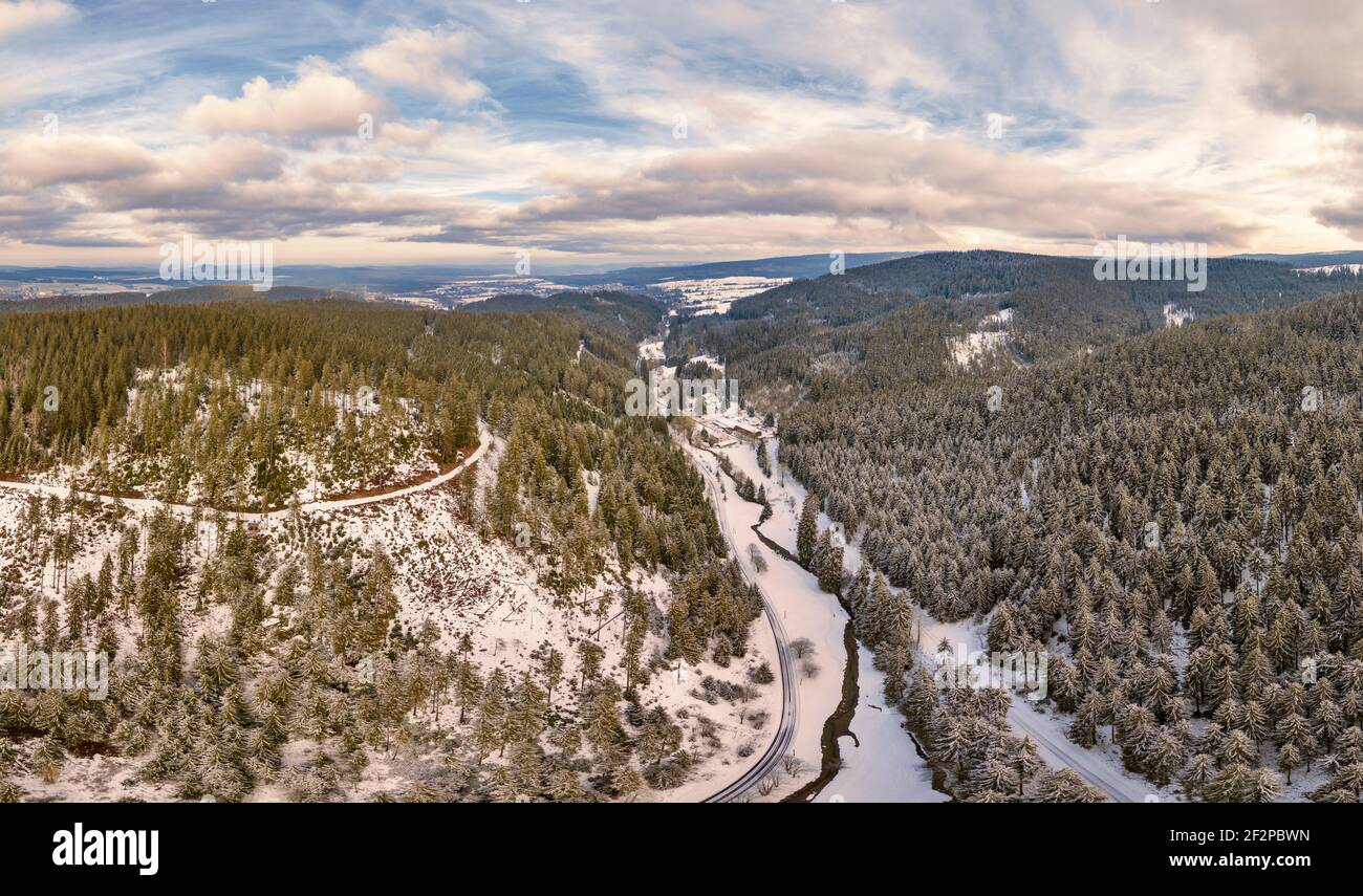 Germany, Thuringia, Gehren, forest, forest roads, valley, brook, snow, Rennsteig environment, aerial view Stock Photo