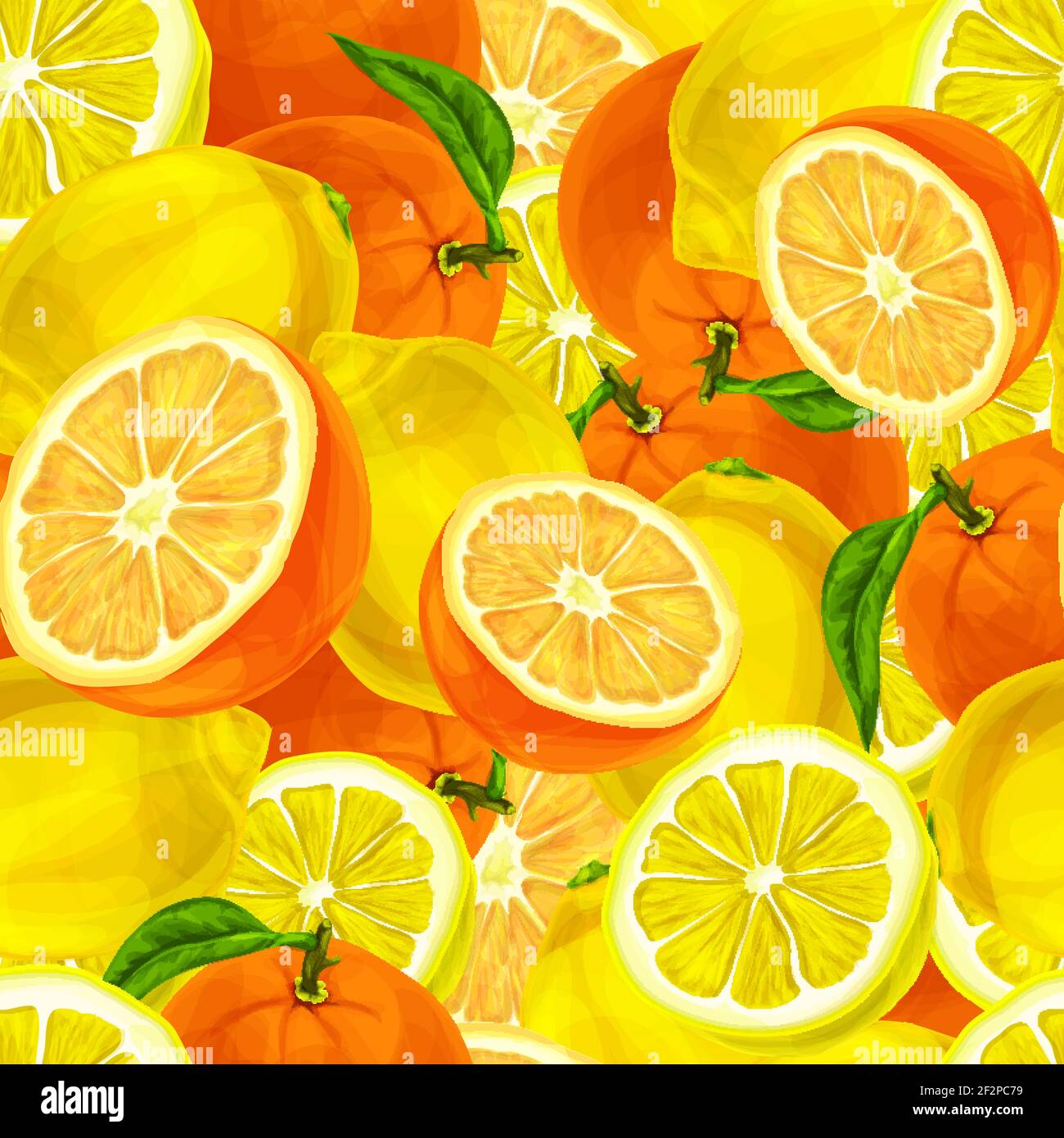 Seamless sliced juicy cut whole lemons and oranges with leaves pattern ...