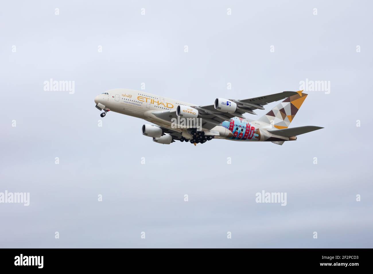 London, Heathrow Airport -Januay 2020 - Etihad Airbus A380 taking off  on its way to Abu Dhabi - image Abdul Quraishi Stock Photo