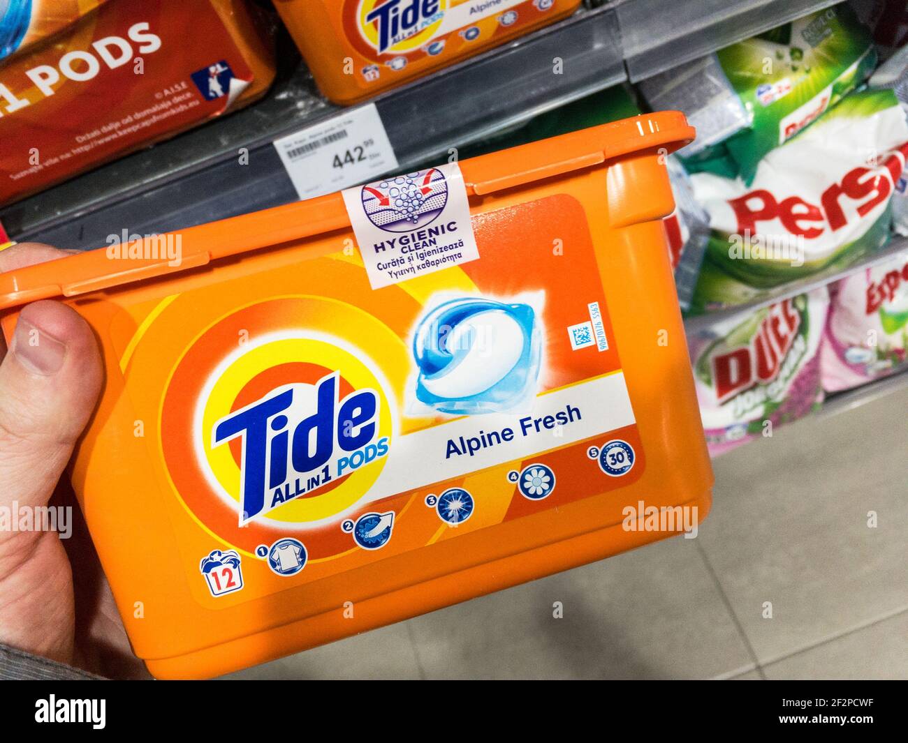 BELGRADE, SERBIA MARCH 4, 2021 Logo of Tide detergent on pods for