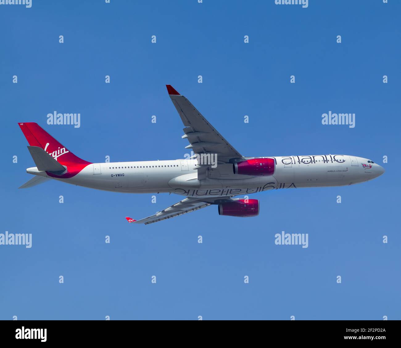 London, Heathrow Airport - Jan 05, 2020: Virgin Atlantic, Airbus A330 taking off for Washington on runway 27R Stock Photo