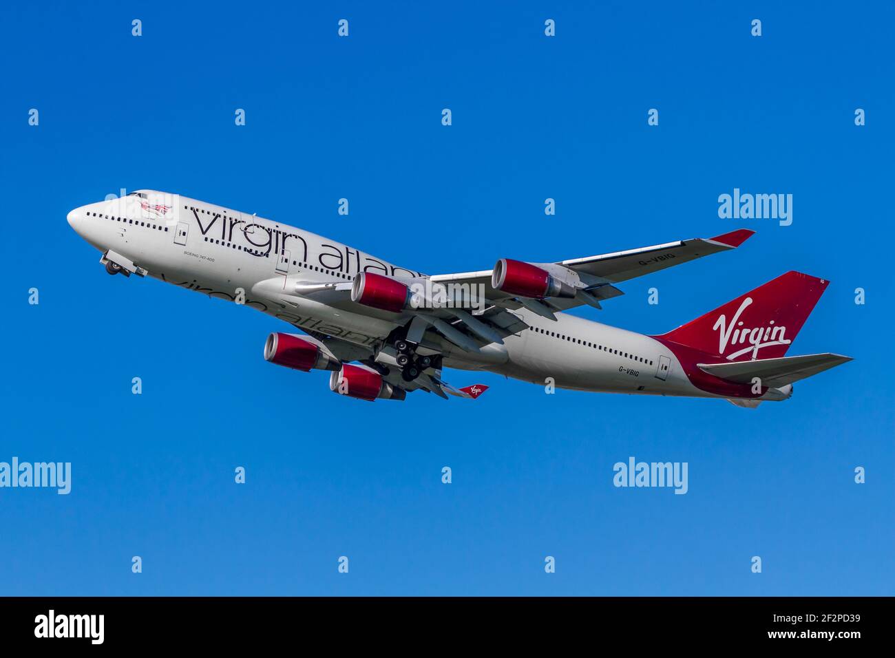 London, Heathrow Airport - April, 2019: Virgin Atlantic, Boeing 747 named Tinker Bell taking off from LHR Runway 27R. Stock Photo