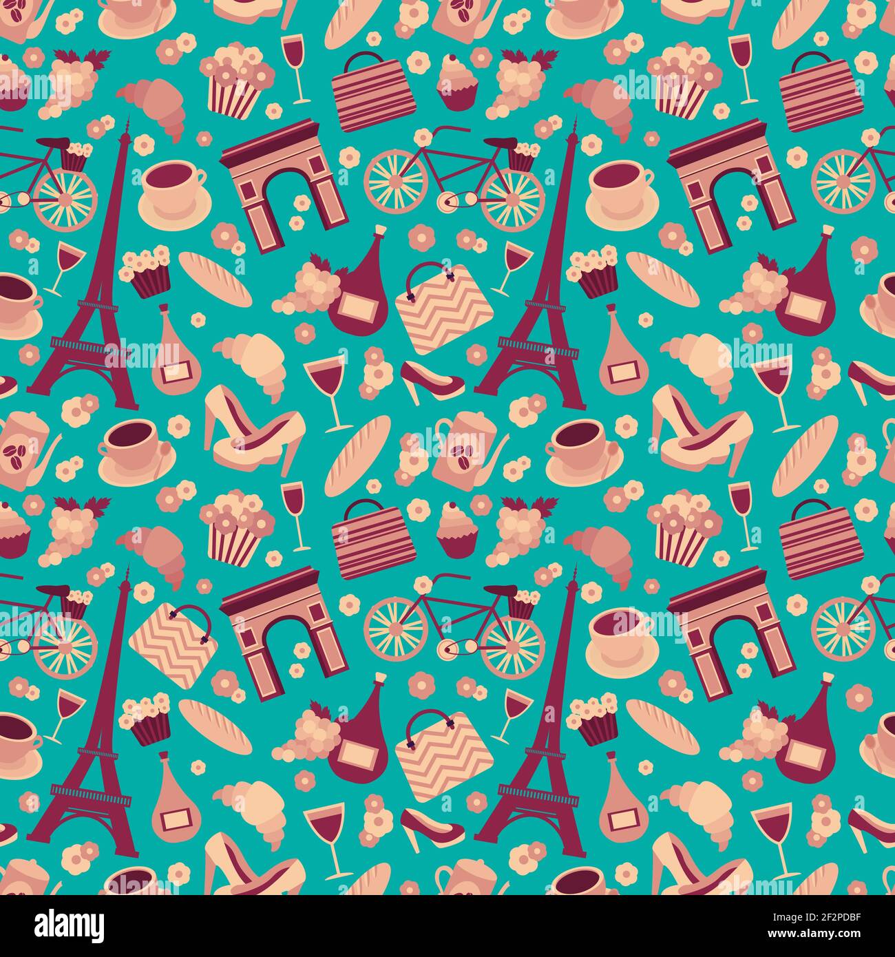 Seamless pattern background with Paris landmarks and France symbols