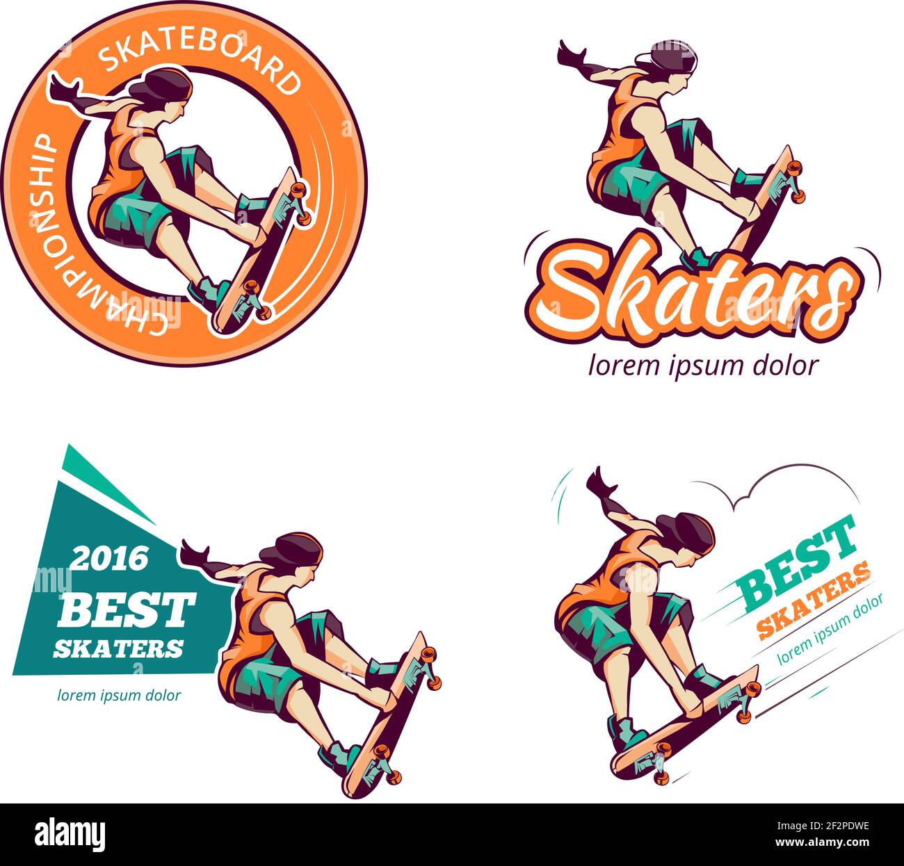 Skateboard vintage color logo set. Label skateboard, badge skateboard, emblem or logo skateboard