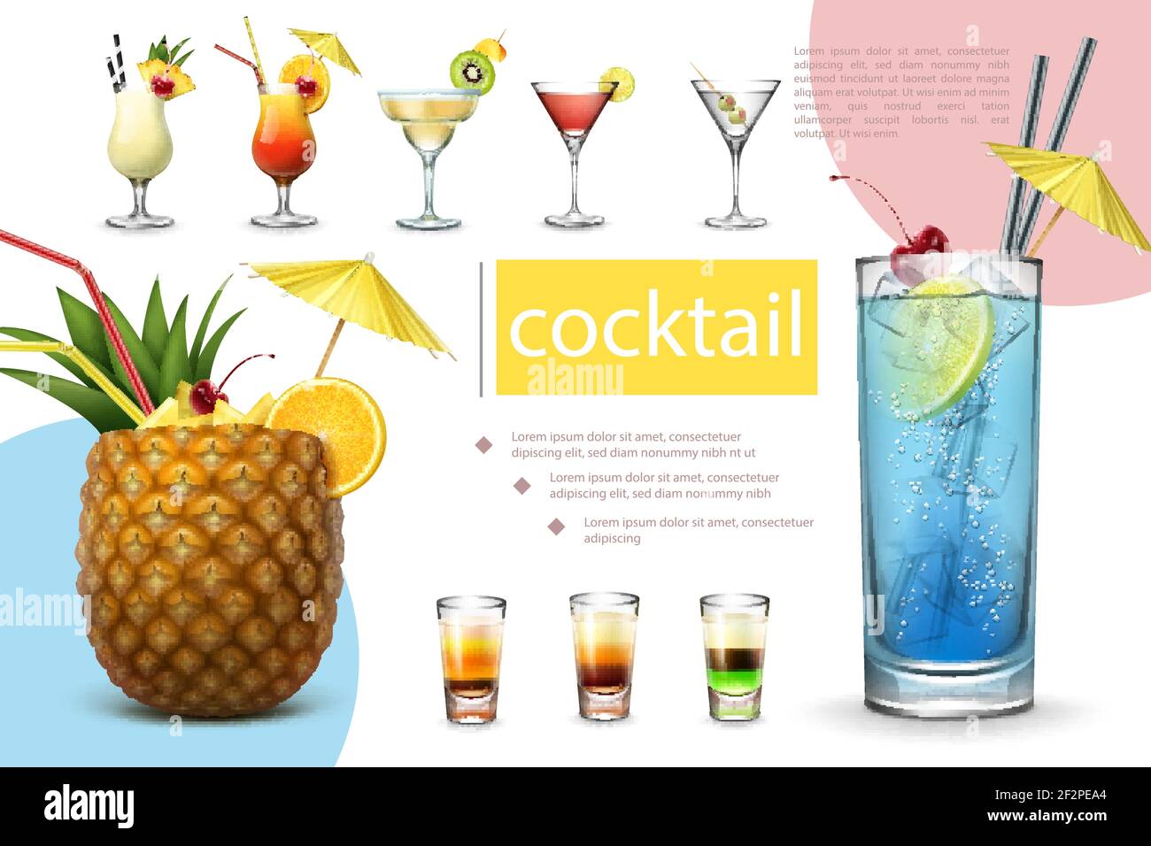 Realistic summer cocktails collection with pina colada tequila sunrise  margarita cosmopolitan martini blue lagoon and different shot drinks vector  ill Stock Vector Image & Art - Alamy