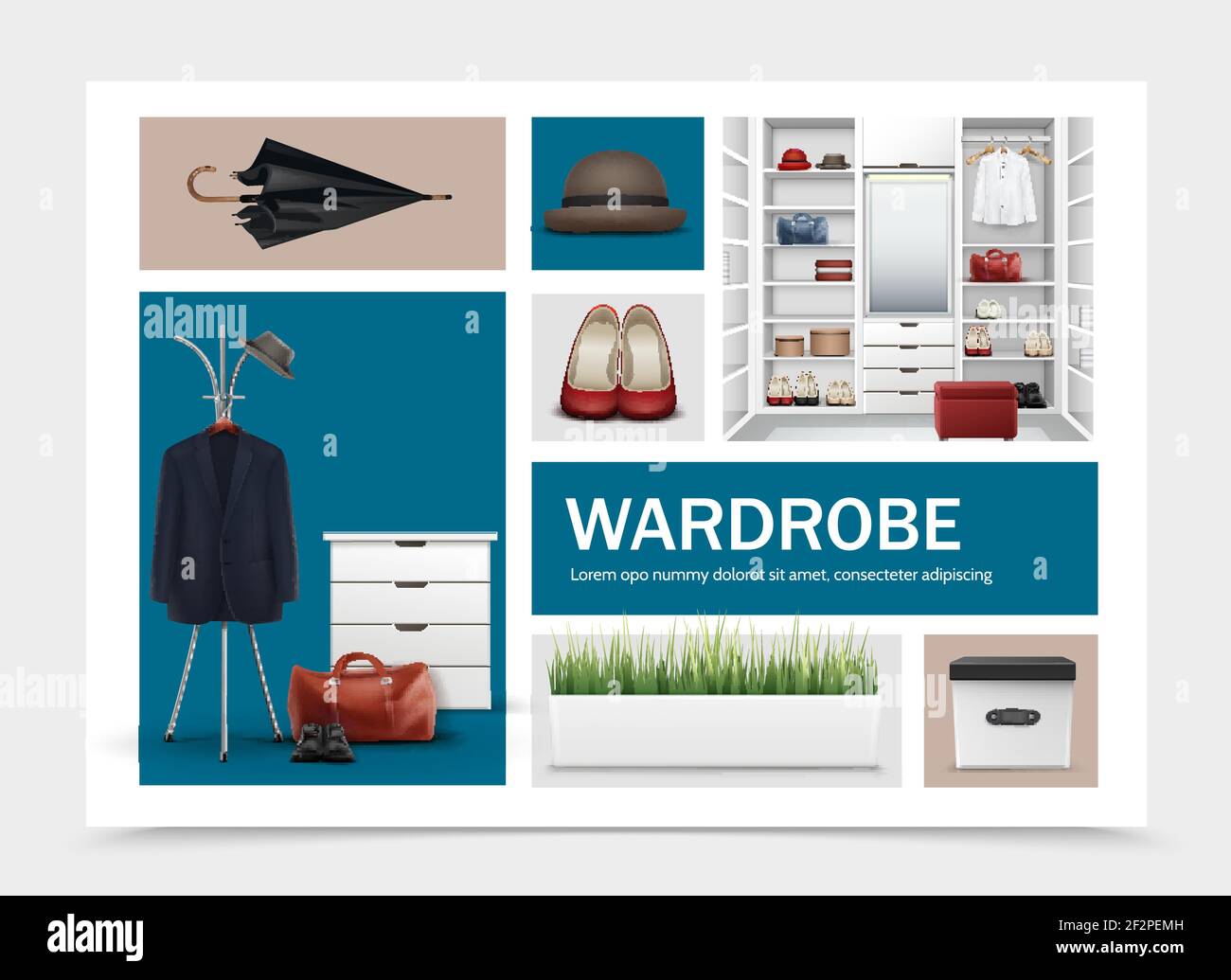 Realistic cloakroom elements set with umbrella jacket nightstand bag