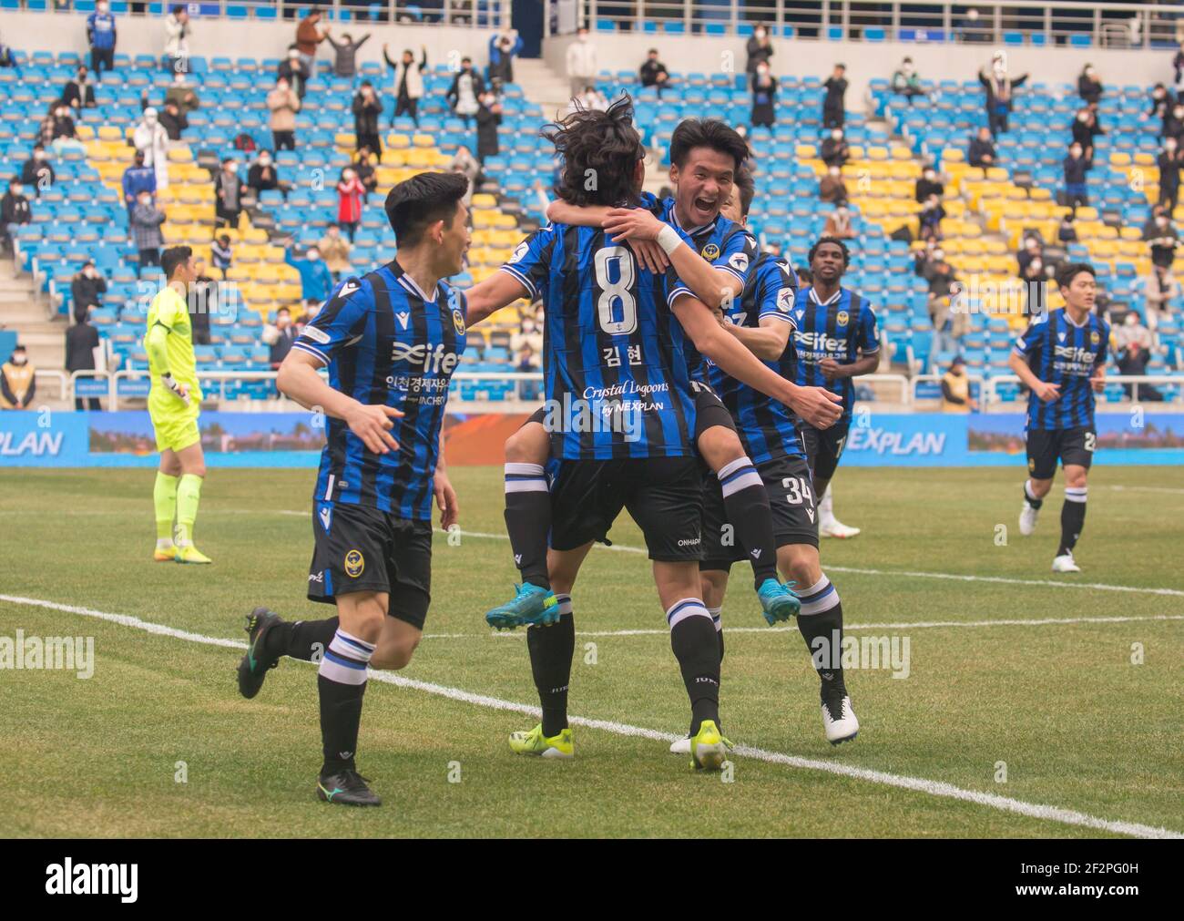 Incheon, South Korea. 06th Mar, 2021. Goo Boon-Cheul (3rd L) of Incheon United FC celebrates his goal with his teammates Kim Hyun (2nd L) and Kim Do-Hyeok (L) during the 2nd round of the 2021 K League 1 soccer match between Incheon United FC and Daegu FC at the Incheon Football Stadium.(Final score; Incheon United FC 2:1 Daegu FC) (Photo by Jaewon Lee/SOPA Images/Sipa USA) Credit: Sipa USA/Alamy Live News Stock Photo