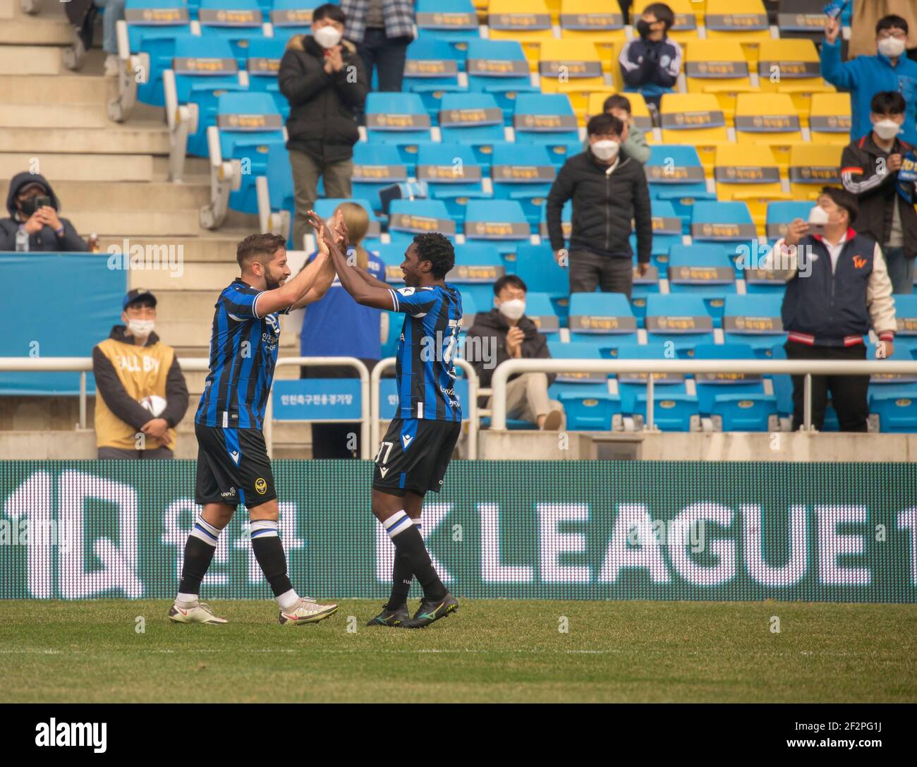 Incheon, South Korea. 06th Mar, 2021. Costa Rican midfielder Elias Aguilar (L) and Brazilian striker Guilherme Ferreira Pinto of Incheon United FC celebrate together after Elias Aguilar scored a goal during the 2nd round of the 2021 K League 1 soccer match between Incheon United FC and Daegu FC at the Incheon Football Stadium.(Final score; Incheon United FC 2:1 Daegu FC) (Photo by Jaewon Lee/SOPA Images/Sipa USA) Credit: Sipa USA/Alamy Live News Stock Photo