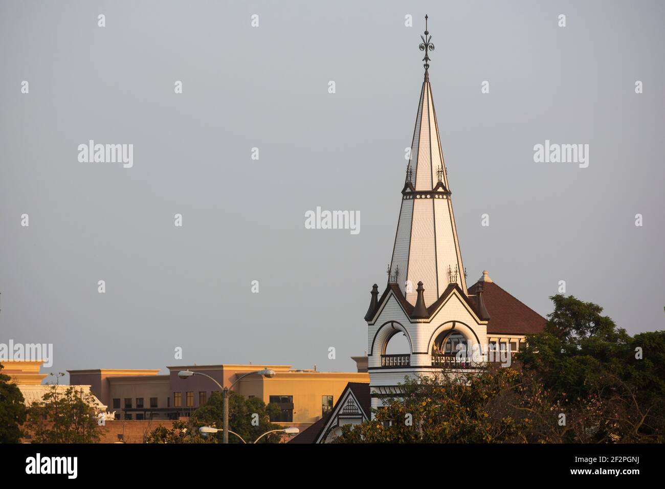 Aerial afternoon view of the historic religious center of downtown Pomona, California, USA. Stock Photo