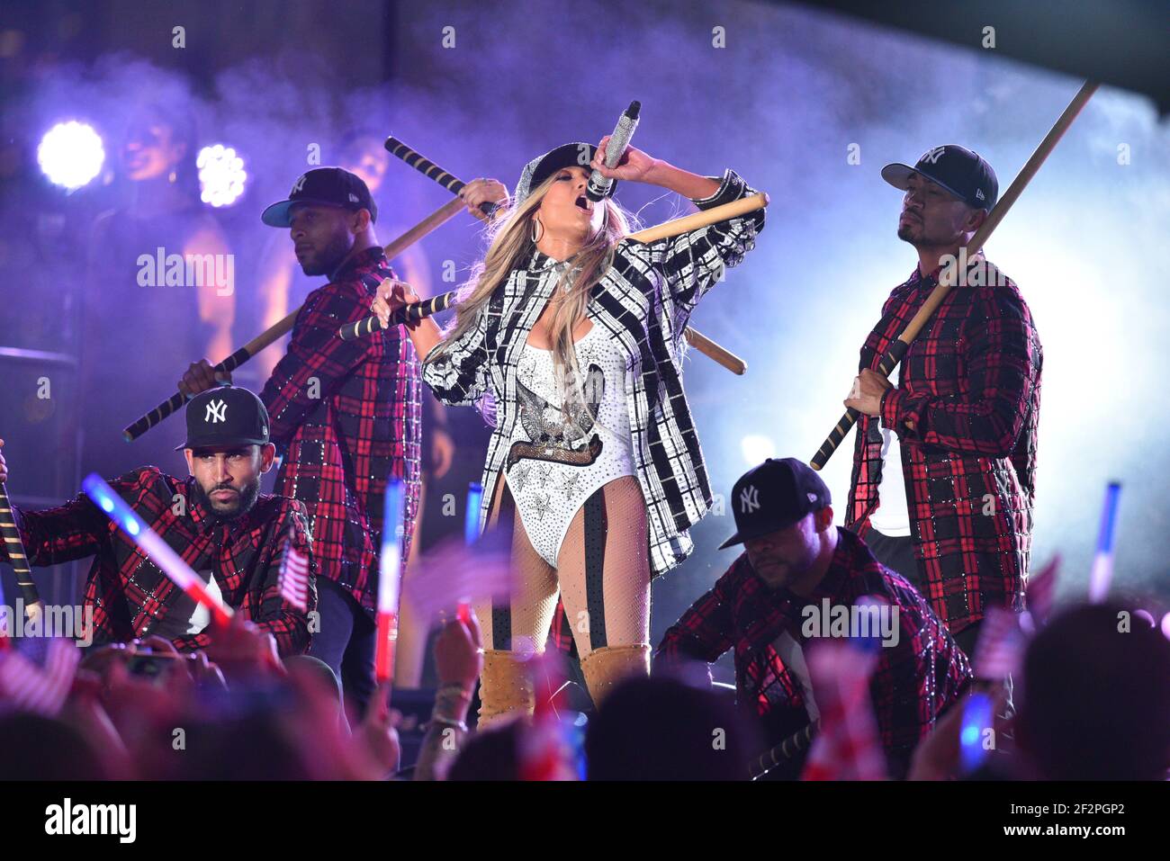 Jennifer Lopez performs during the Macy's 4th of July Firework Show at Hunter's Point South Park on June 30, 2017 in New York City. Stock Photo