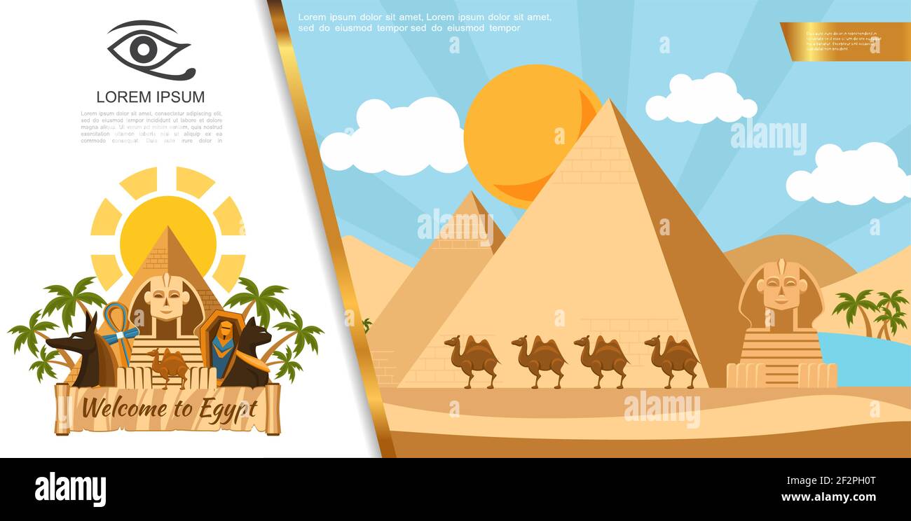 Flat Egypt travel colorful template with pyramids camels sphinx palm trees  ankh cross sarcophagus Egyptian cat vector illustration Stock Vector Image  \u0026 Art - Alamy, image size:1300x744