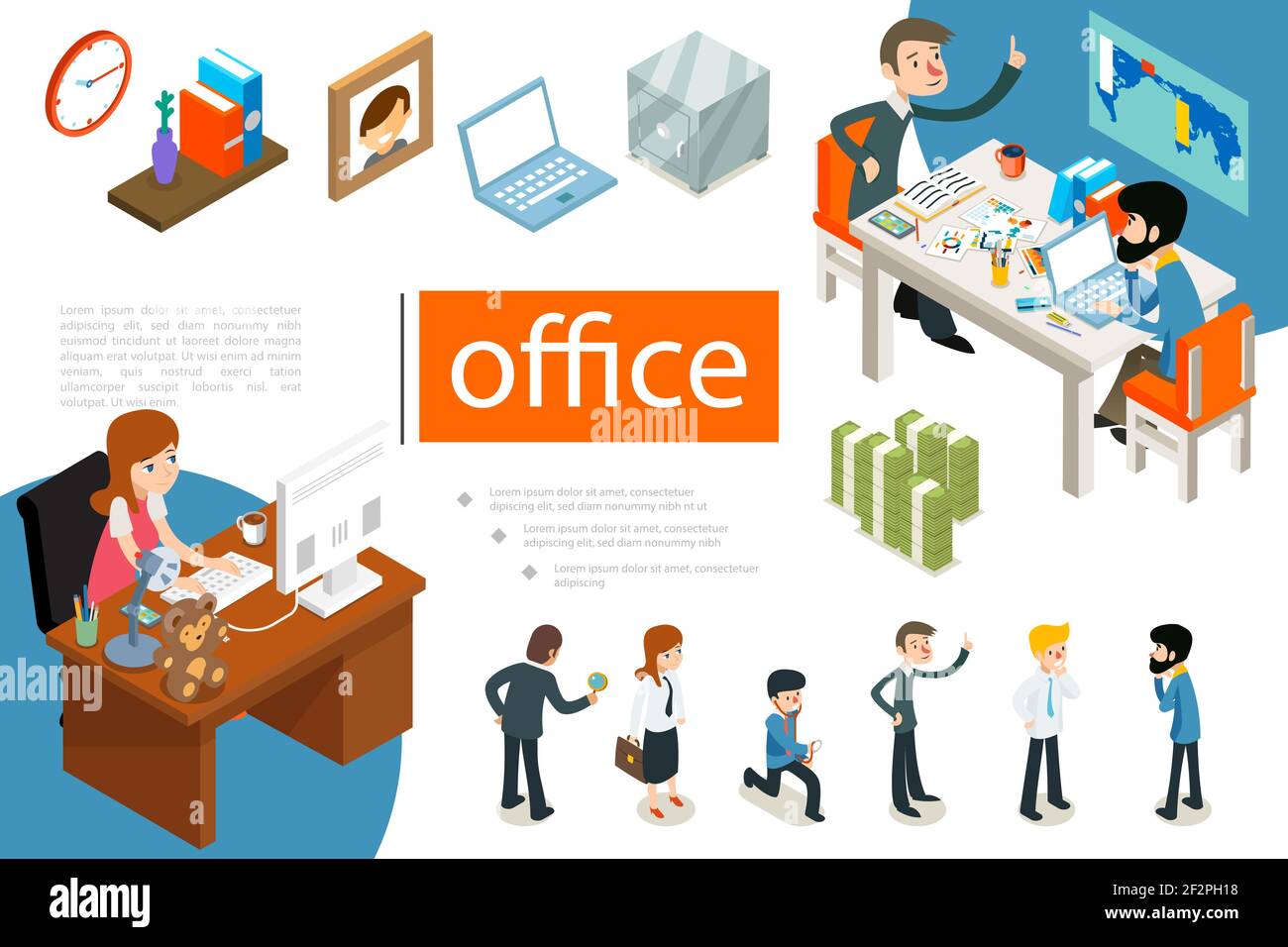 Isometric business people concept with office workers in different poses clock books on shelf photo frame laptop safe money vector illustration Stock Vector