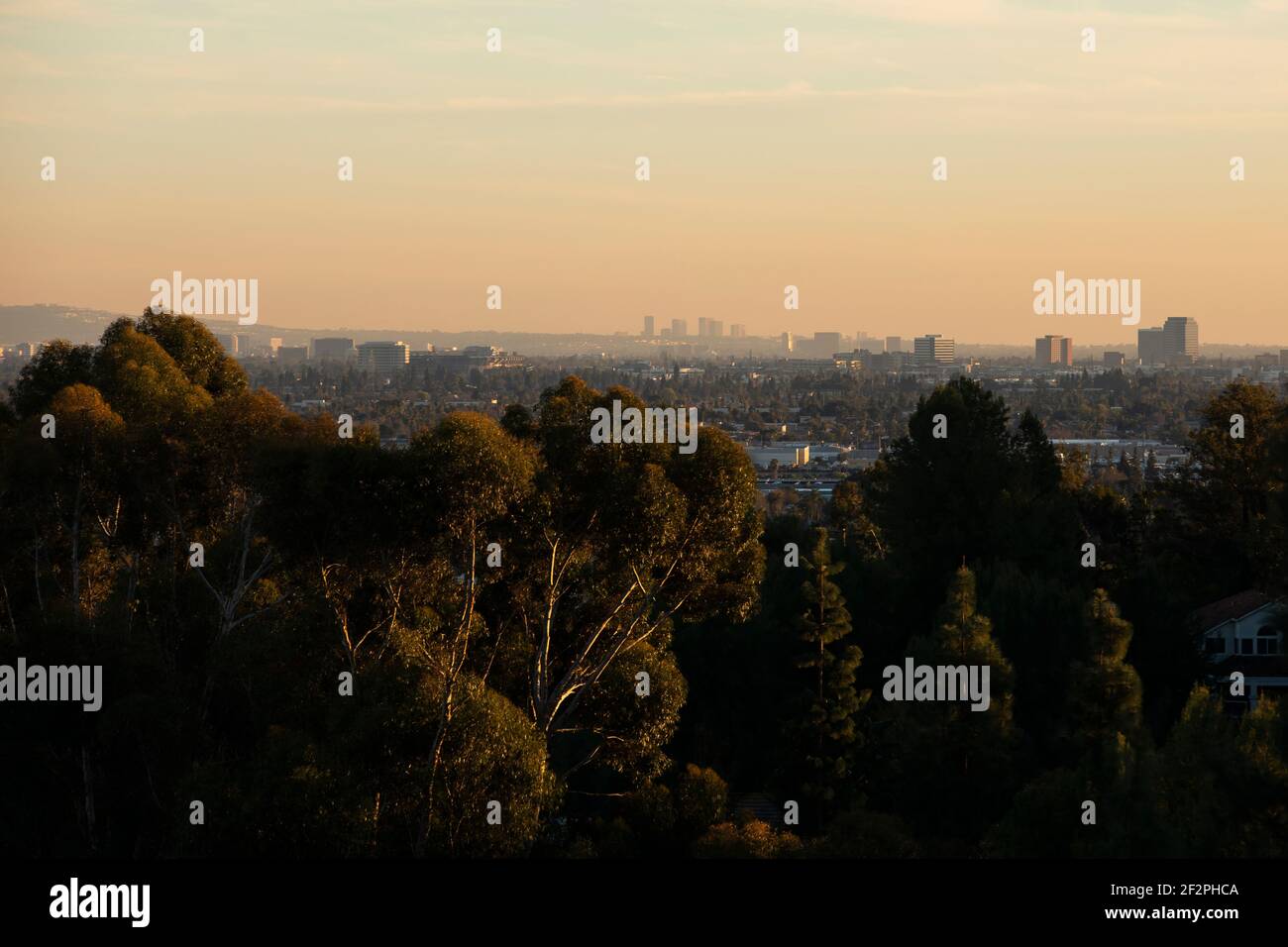 Sunset view of the Orange County skylines of Santa Ana, Orange, Costa Mesa, and Newport Beach, California, USA. Stock Photo