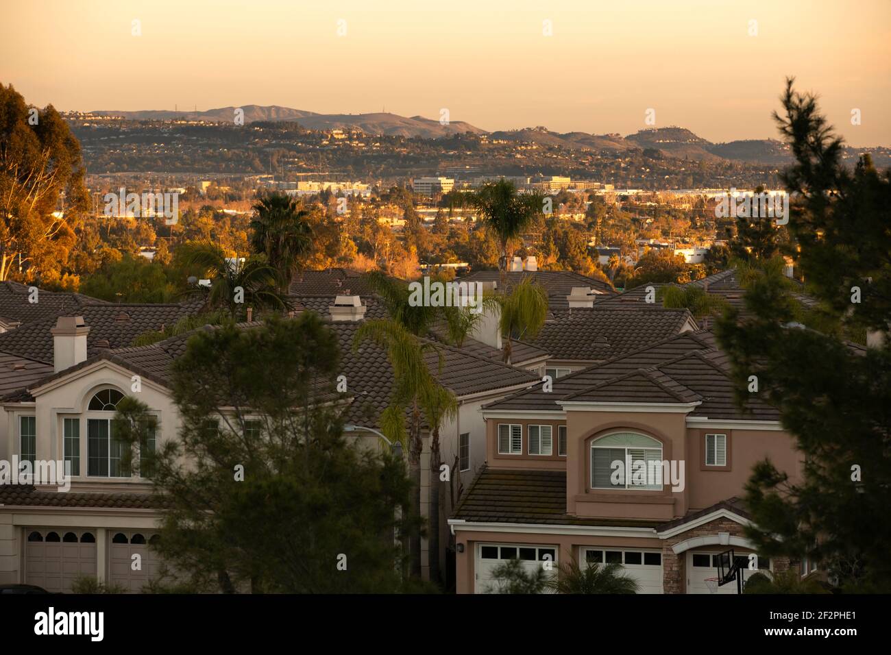 Sunset view of suburban housing in Fullerton, California, USA Stock