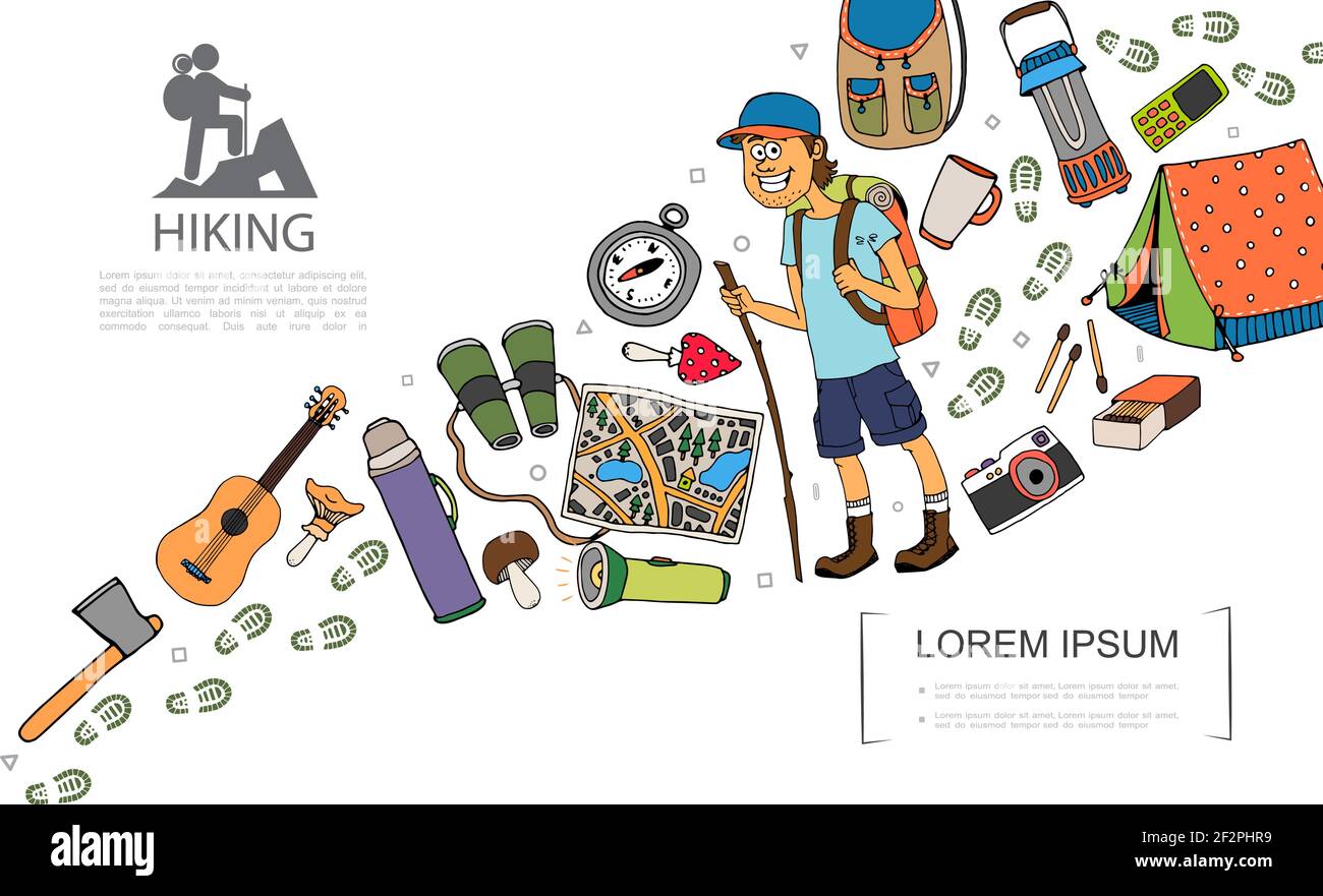 Hand drawn camping and hiking concept with tourist backpack guitar ax ...
