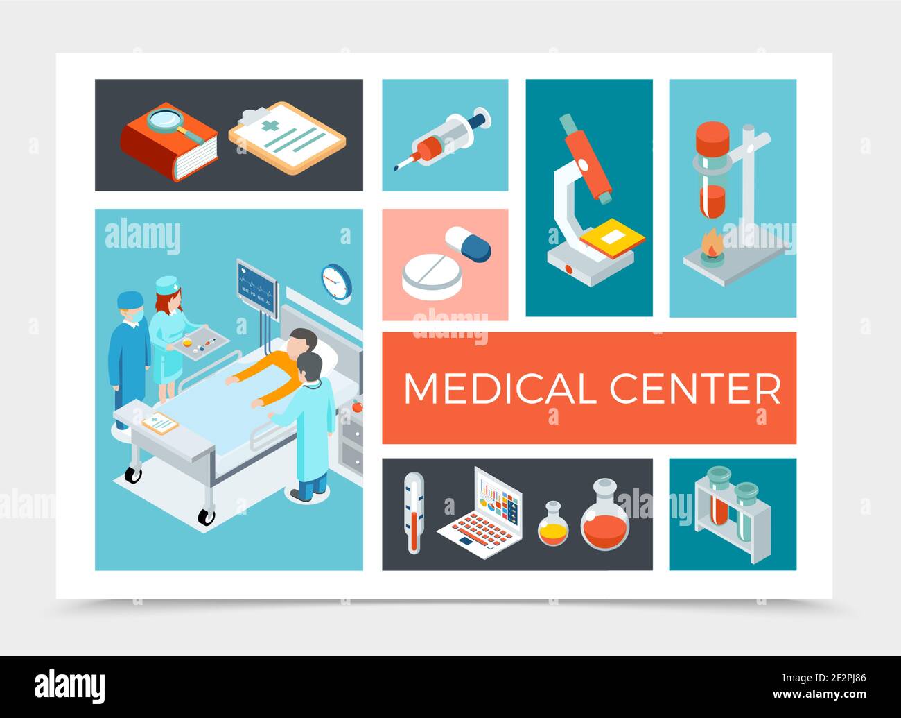 Isometric healthcare composition with doctors visiting patient in ward