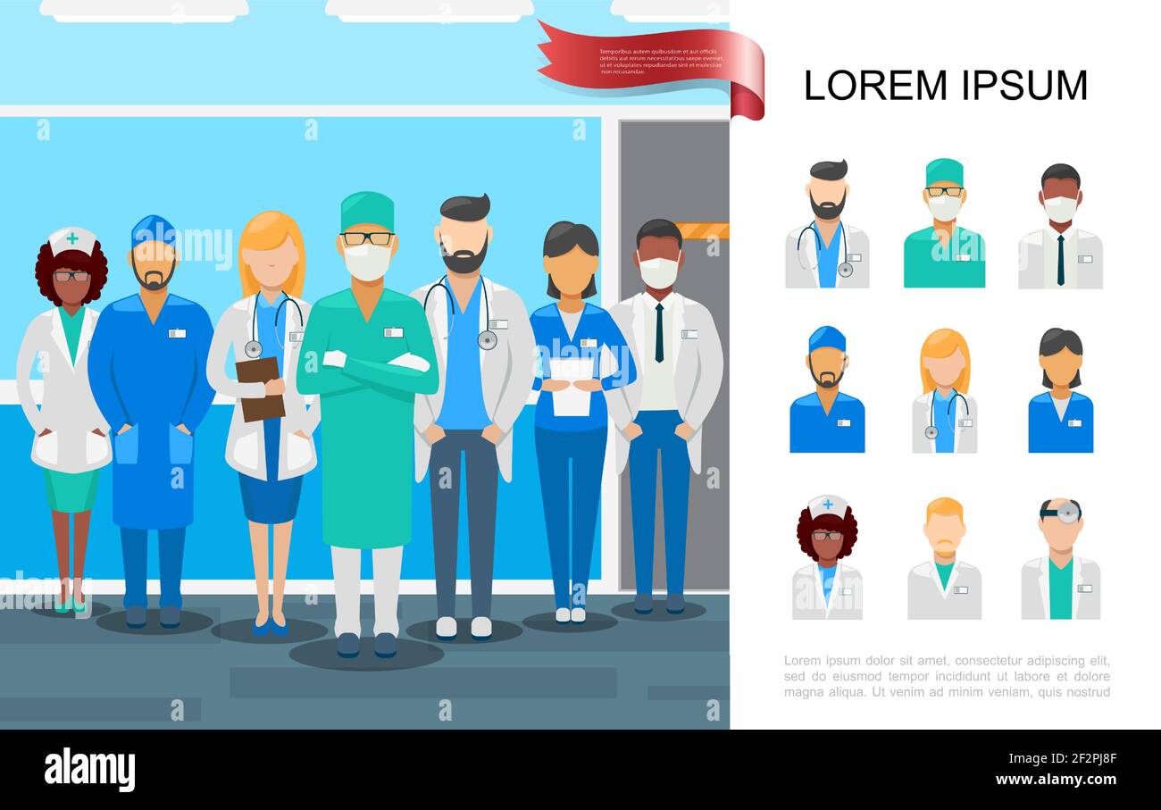Flat medical staff colorful concept with doctors and nurses in