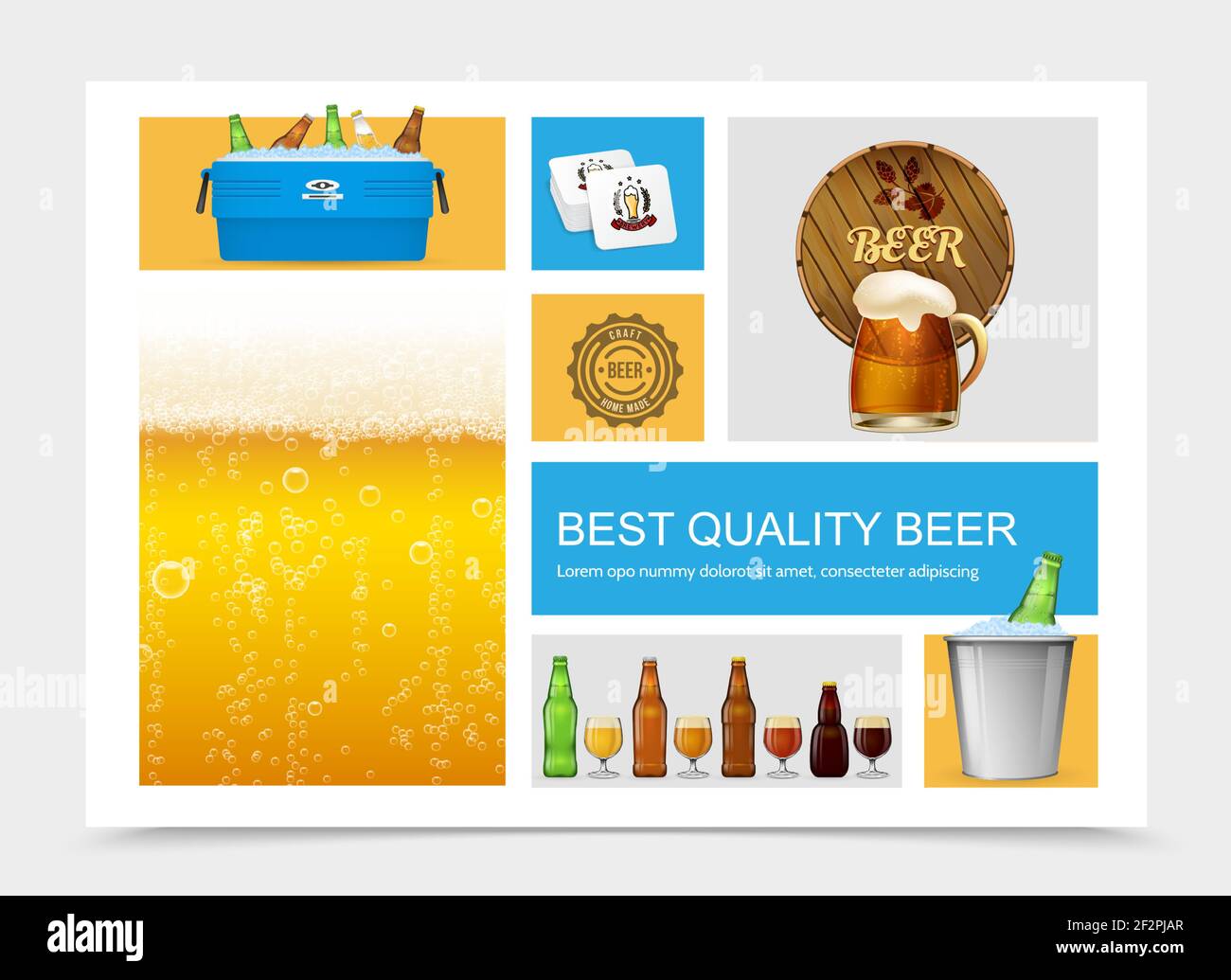 Realistic brewing composition with lager beer glasses bottles in ice box and bucket wooden and