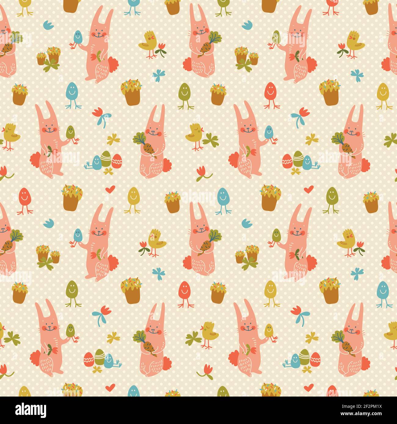 Colorful happy easter seamless pattern with cute pink rabbits flowers ...