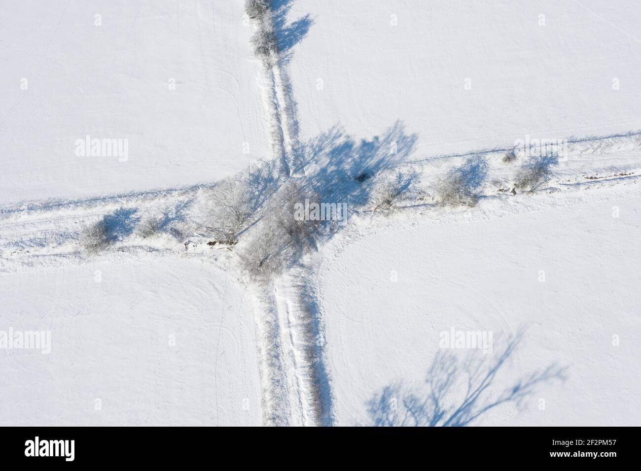 Snowy landscape with a fork in the road, all directions, symbol for life paths Stock Photo