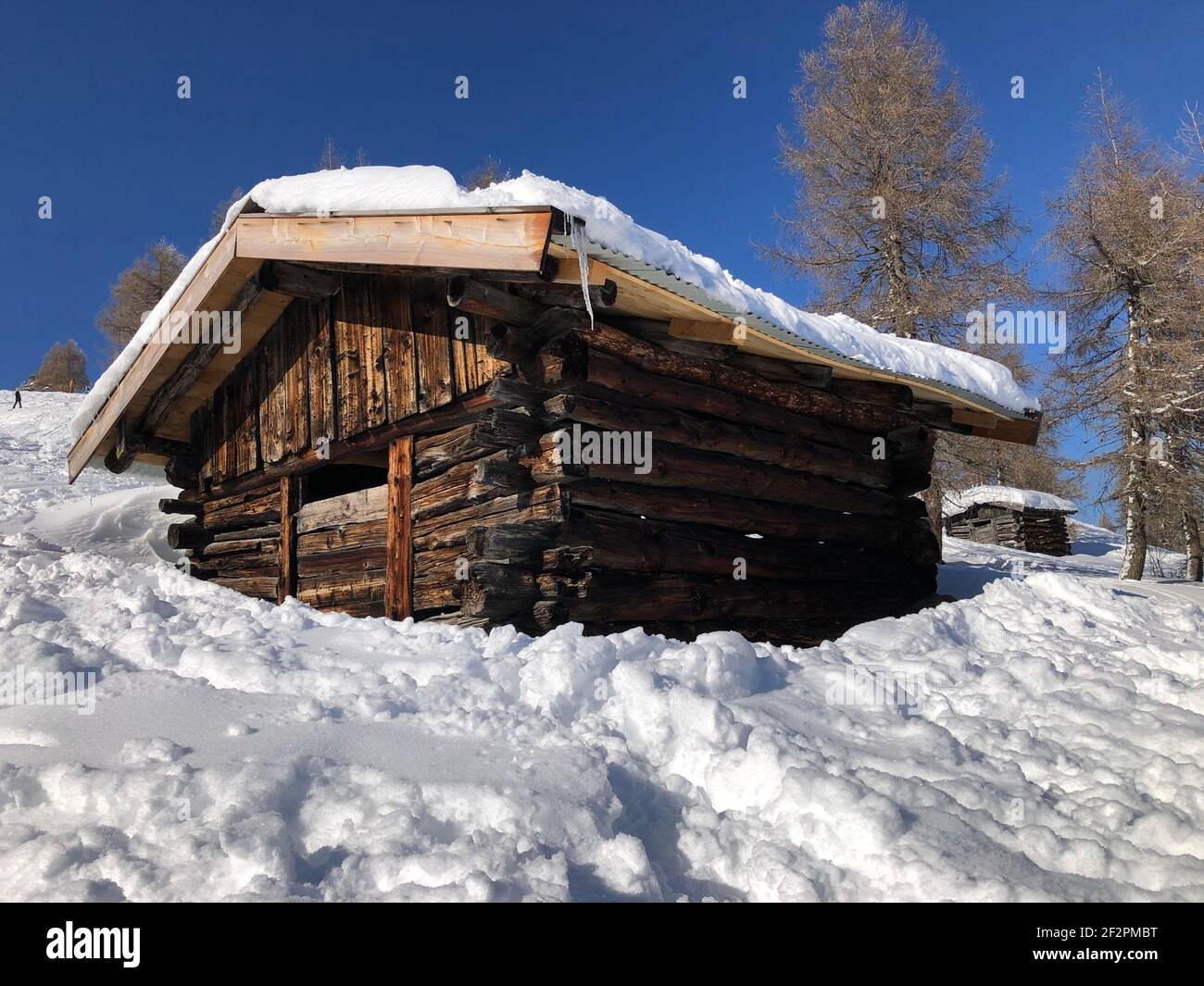 Snow-covered Holzstadel, Bergeralm ski area, winter landscape, nature, Wipptal, Brenner Pass, Innsbruck, Steinach am Brenner, Tyrol, Austria Stock Photo