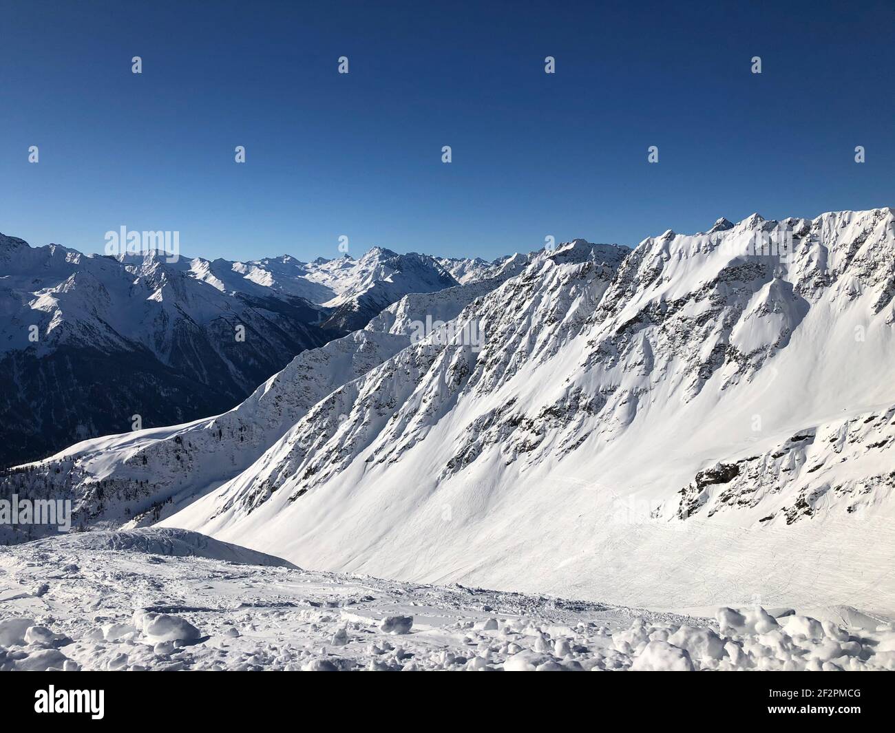 Panoramic view, Kappl ski area, winter landscape, Bergbahnen Kappl, Samnaungruppe, Silvrettagruppe, Kappl, Paznauntal, Tyrol, Austria Stock Photo