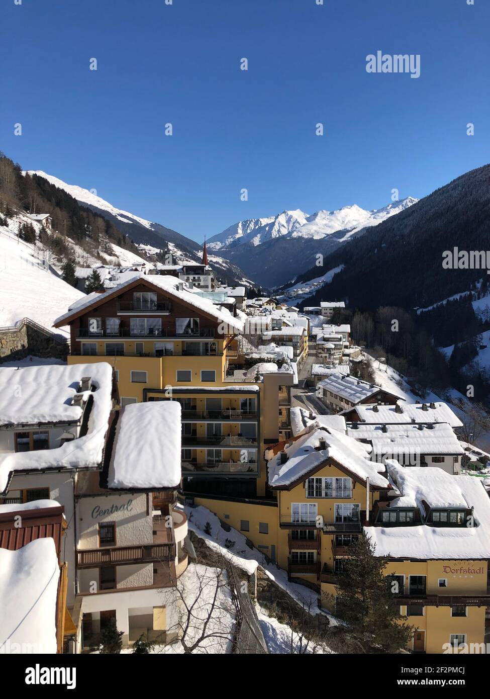 Kappl in winter, panoramic view, winter landscape, Kappl mountain railways, Kappl ski area, Kappl, Paznauntal, Tyrol, Austria Stock Photo