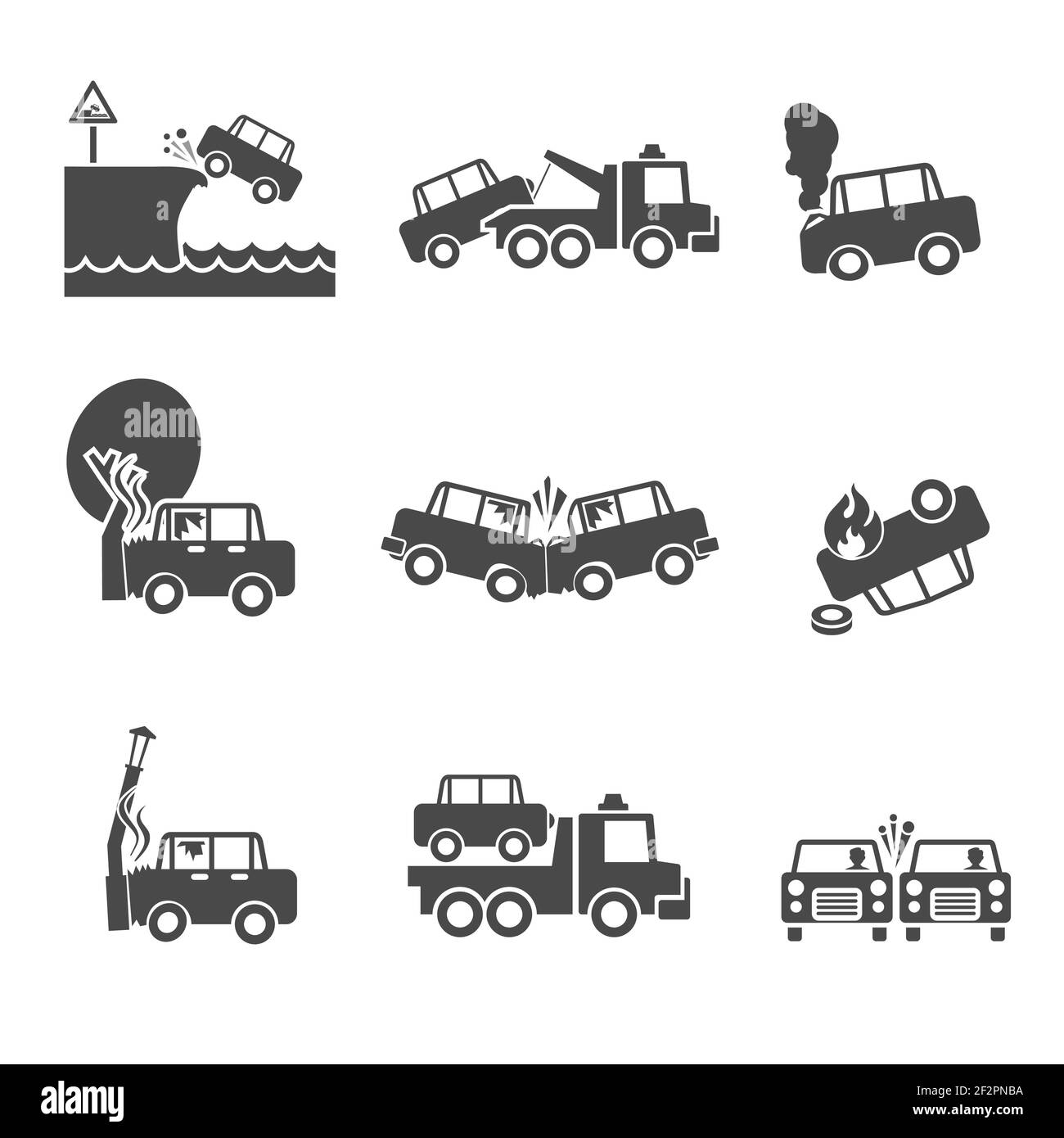 Black and white car accidents icons with tow truck street light  and tree crash isolated vector illustration Stock Vector