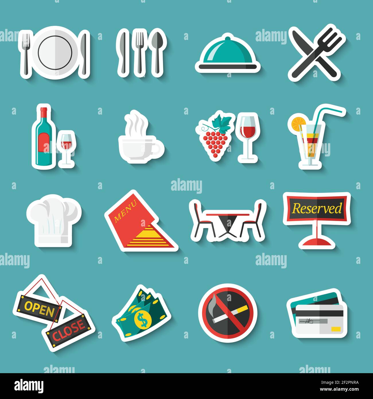 Restaurant food cooking and serving stickers set with menu wine table