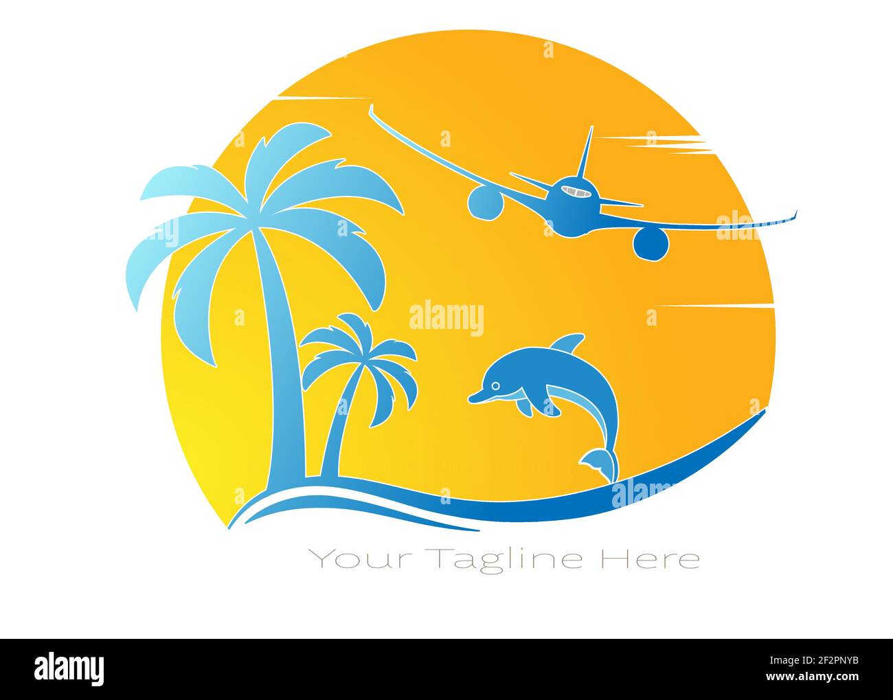 plane flies over a wave with a dolphin and palm trees on the background ...