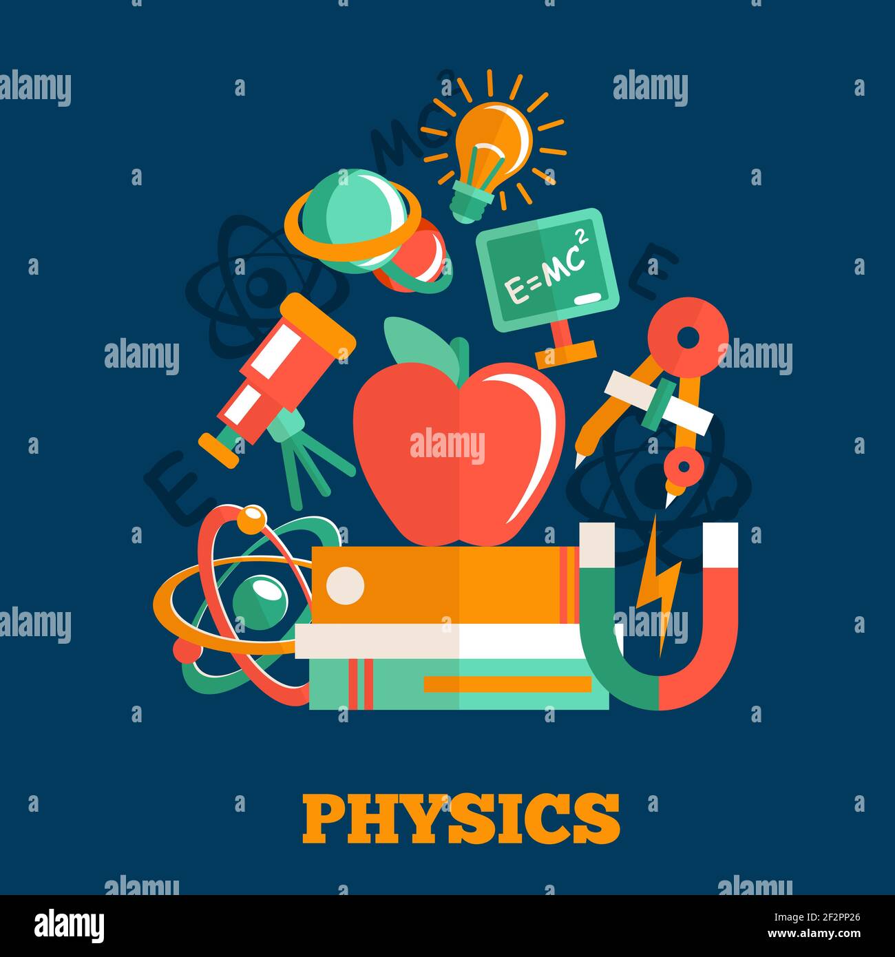 Physics science flat design poster with atom model books vector