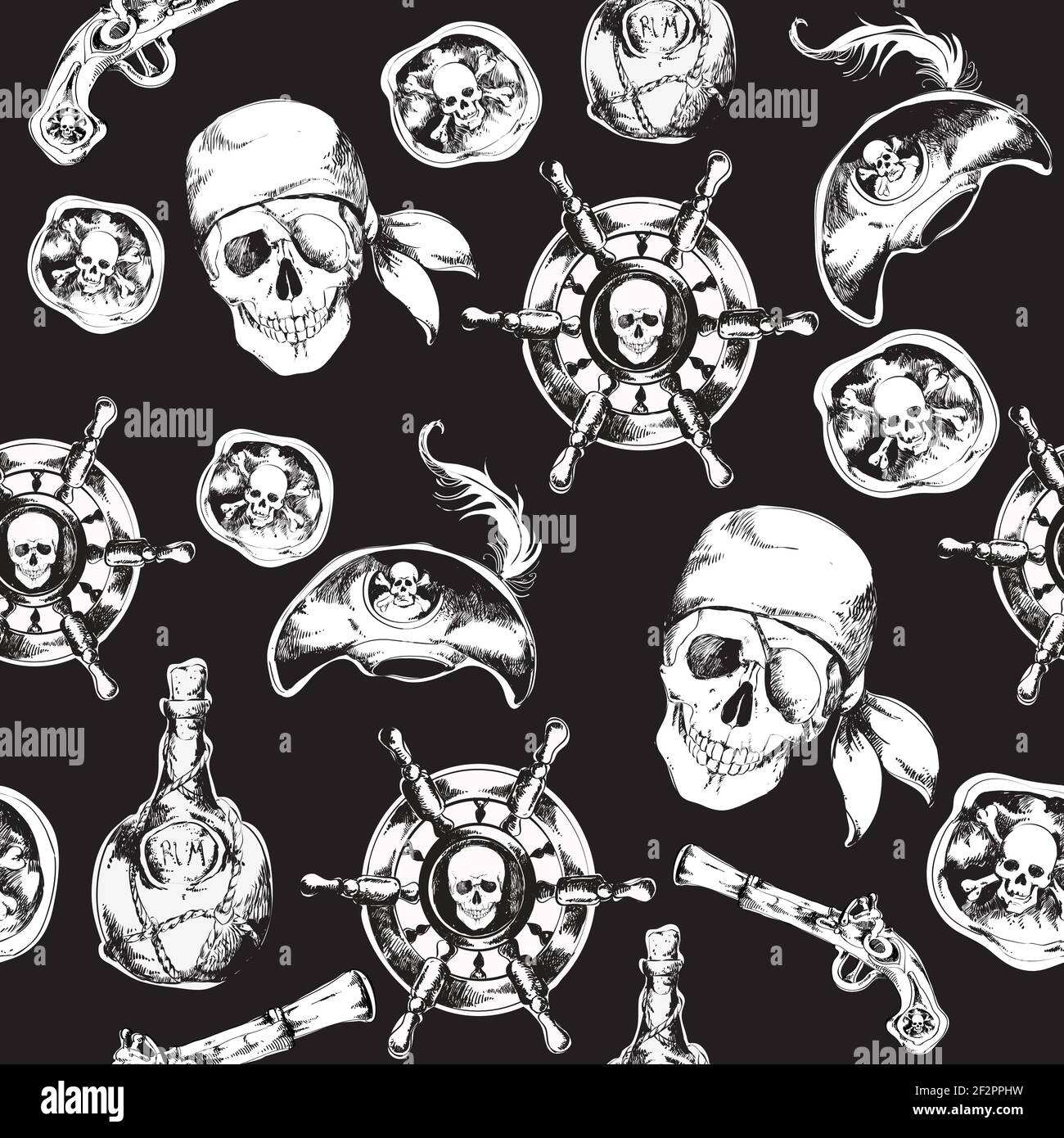 Hand drawn black and white pirates seamless pattern with hat rum bottle gun  vector illustration Stock Vector Image & Art - Alamy