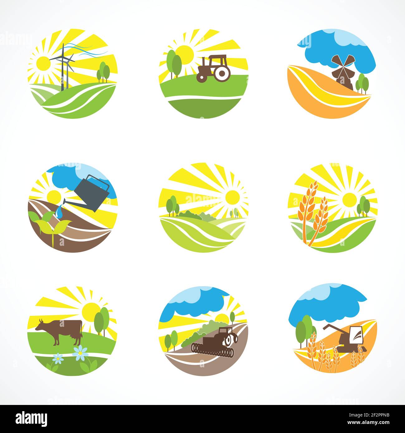 Decorative agriculture and farming landscape icons set isolated vector ...