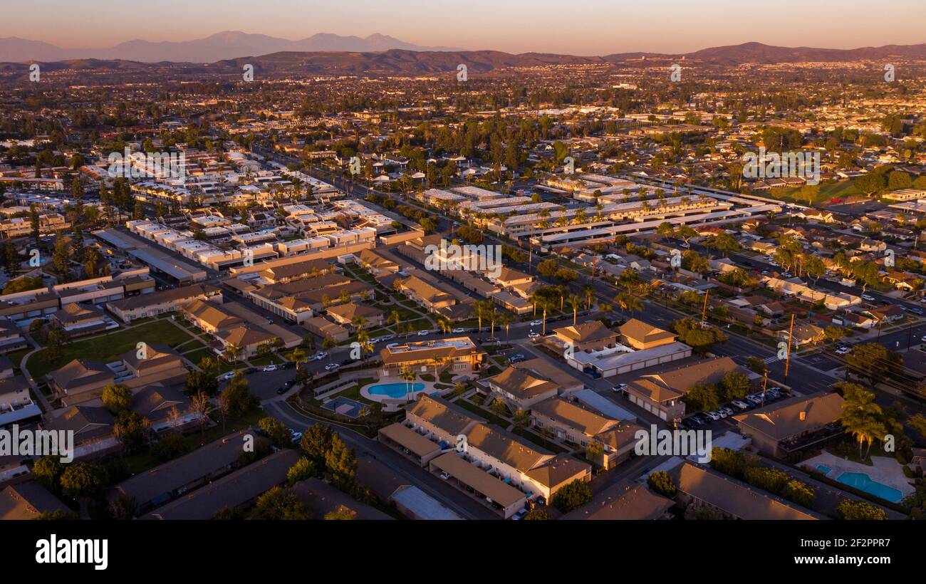 Aerial view of the city of downtown Placentia, California, USA Stock 