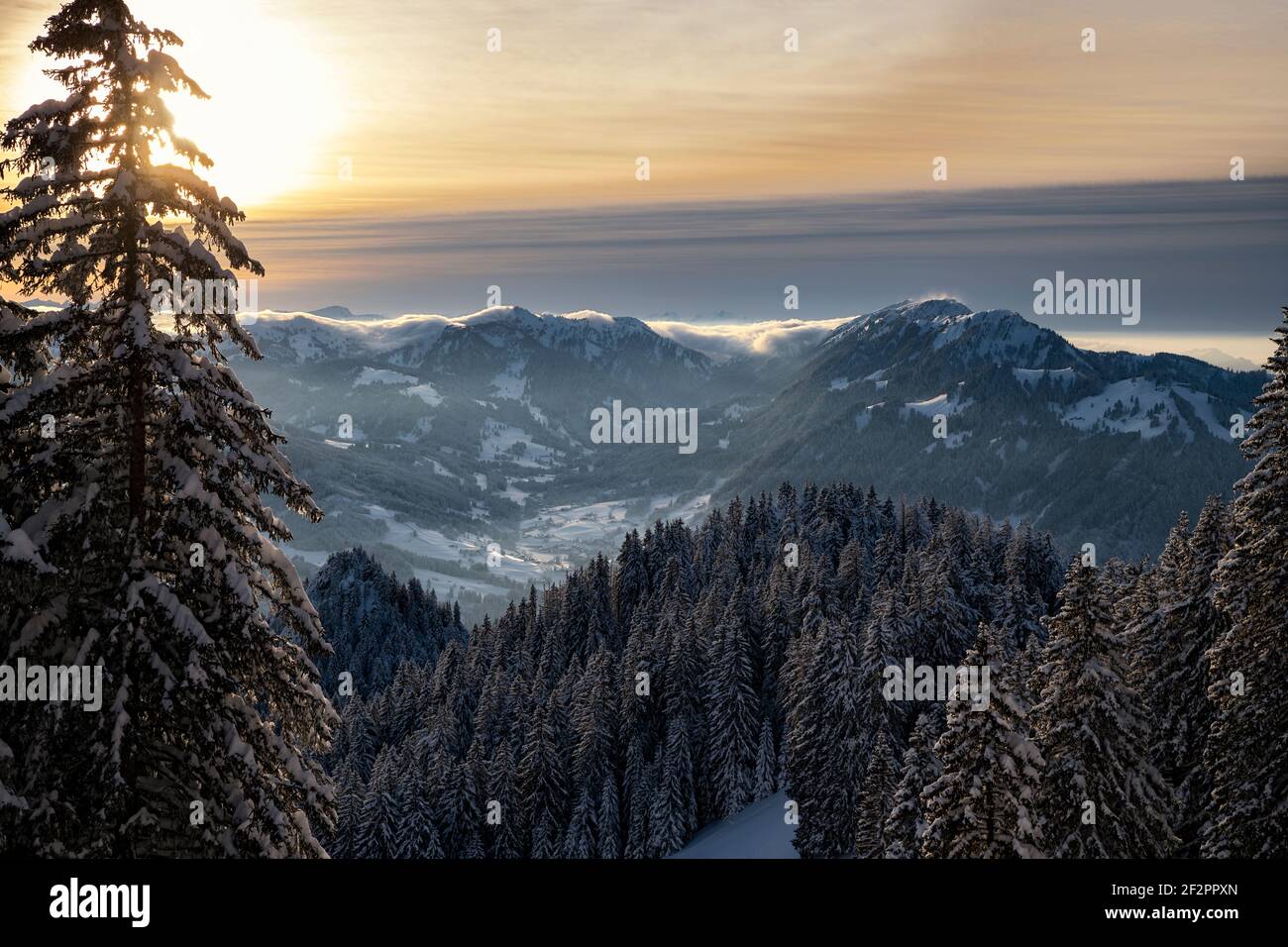 Snowy winter landscape at sunset in the Allgäu Alps. View into the Gunzesrieder valley. Bayern Germany Stock Photo