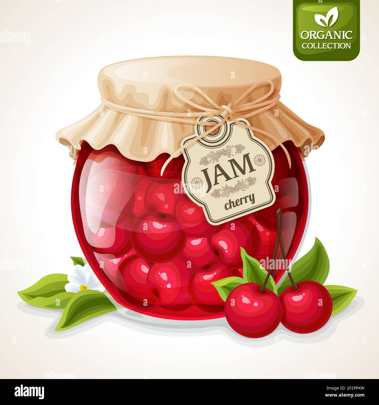 Natural organic homemade cherry berry jam in glass jar with tag and paper cover vector illustration Stock Vector